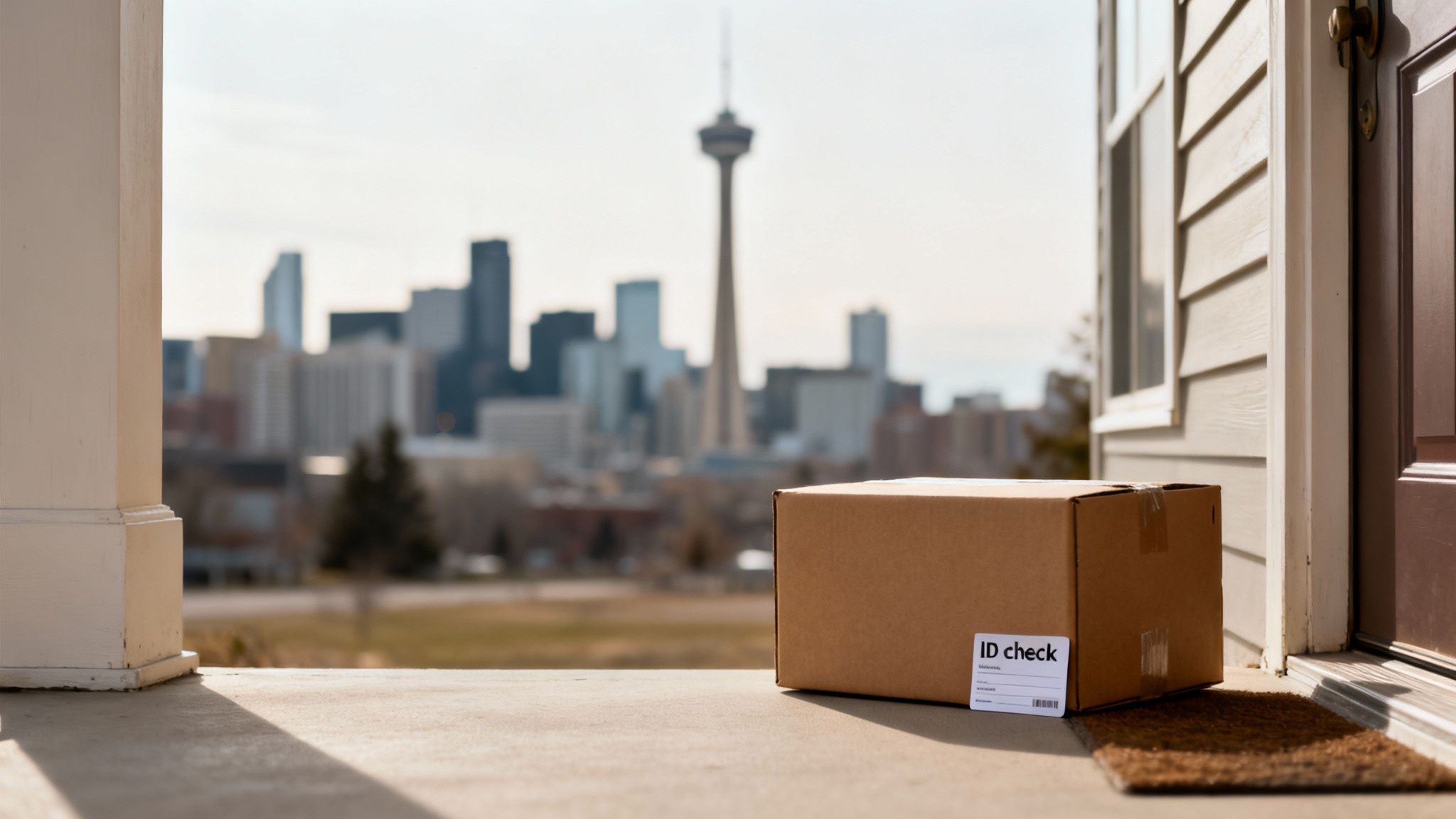 A package requiring ID check sits on a doorstep with a city skyline in the background.