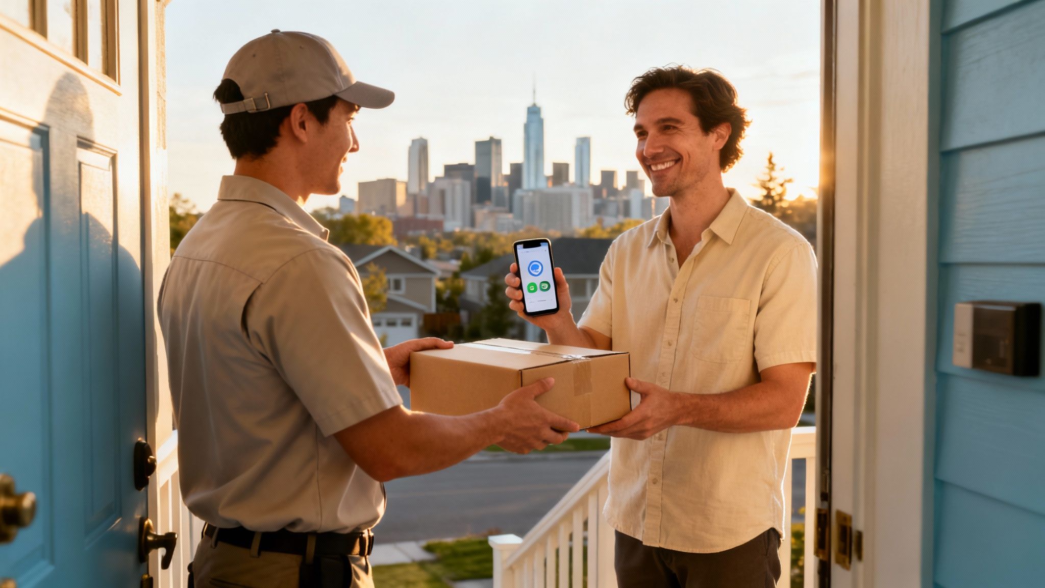 A delivery person hands a package to a smiling customer holding a smartphone with a delivery app.