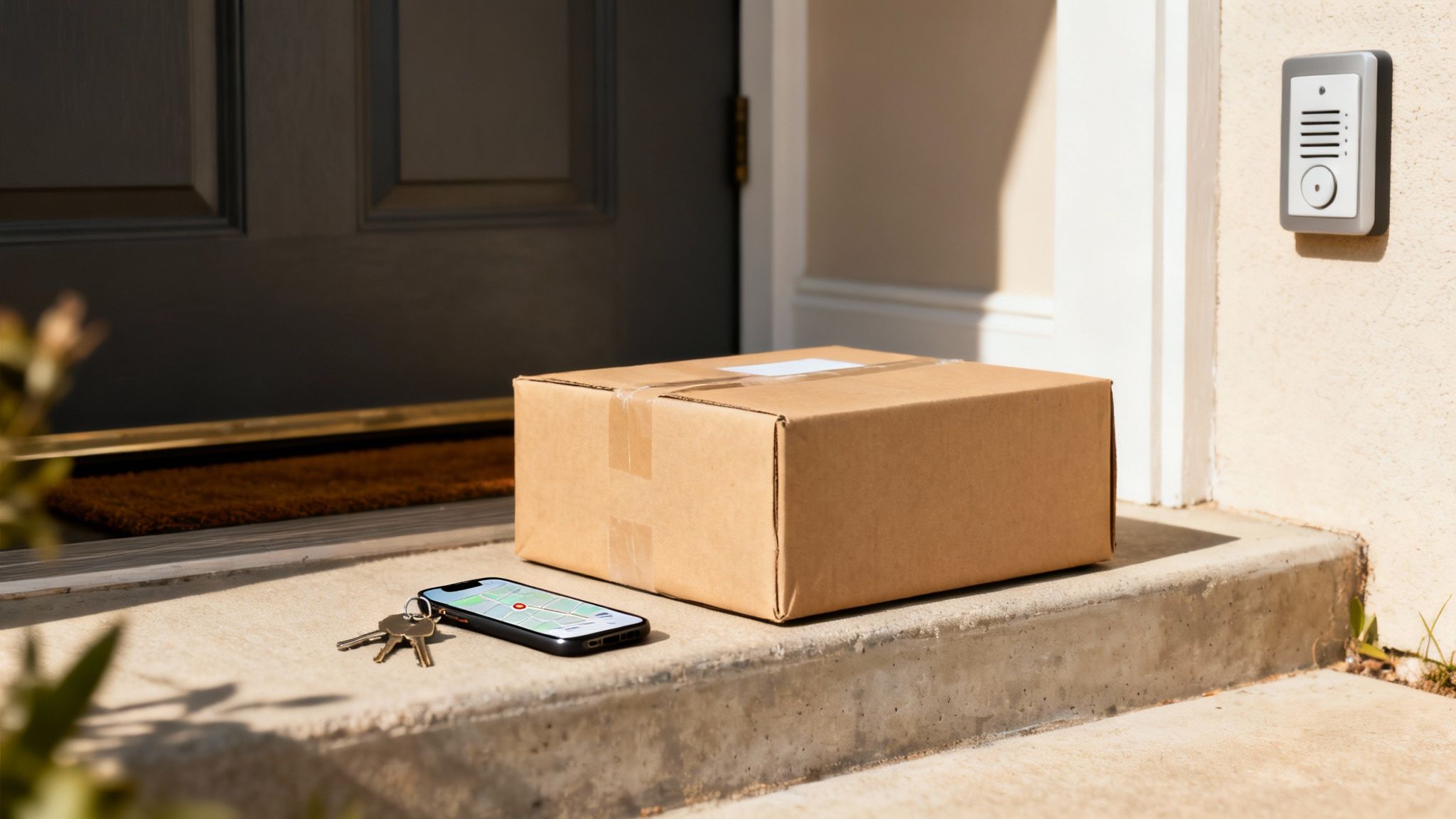 A cardboard delivery box, a smartphone showing a map, and keys on a front doorstep.