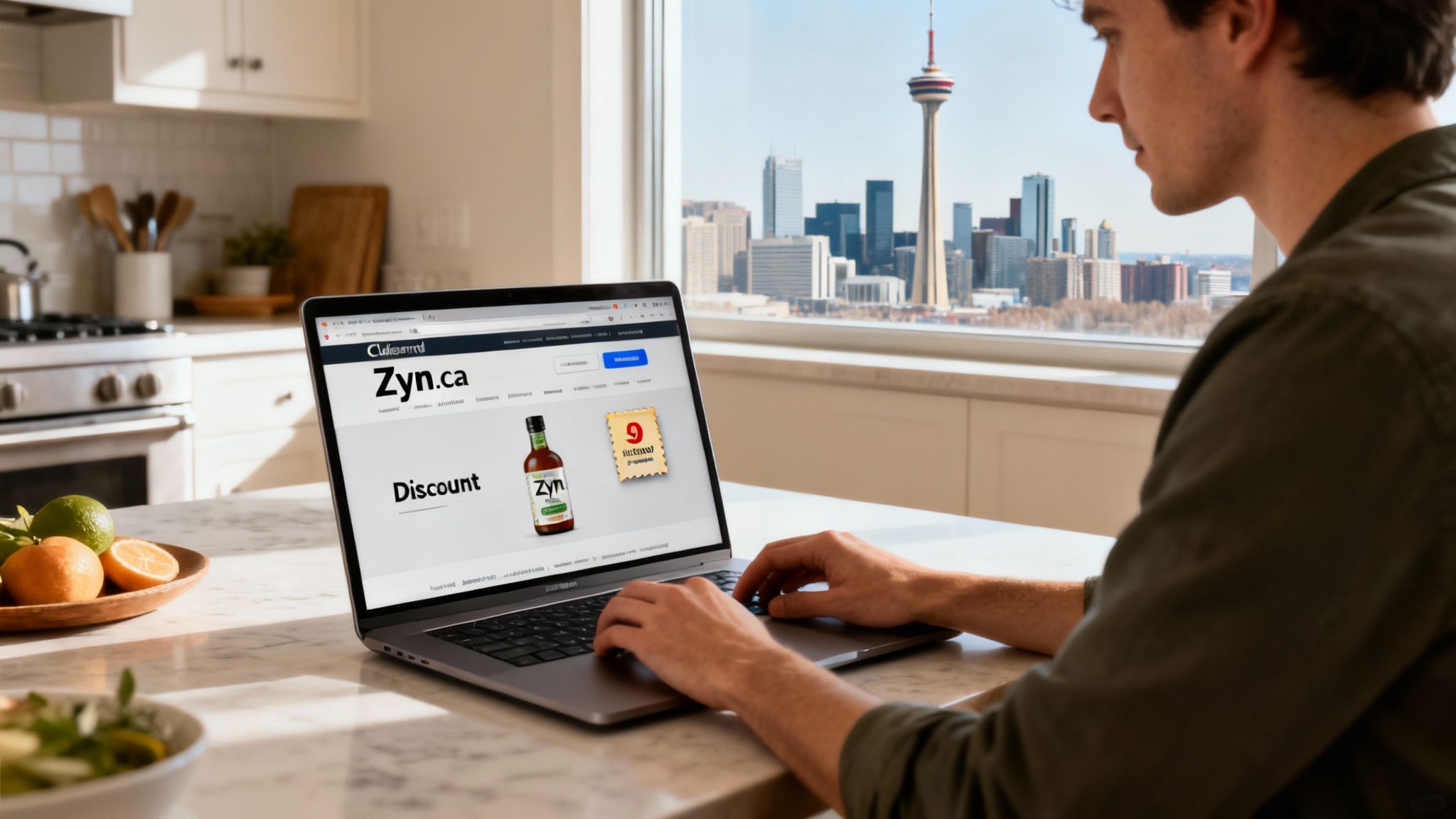 A man uses a laptop showing a Zyn.ca discount page in a bright kitchen with a city skyline.