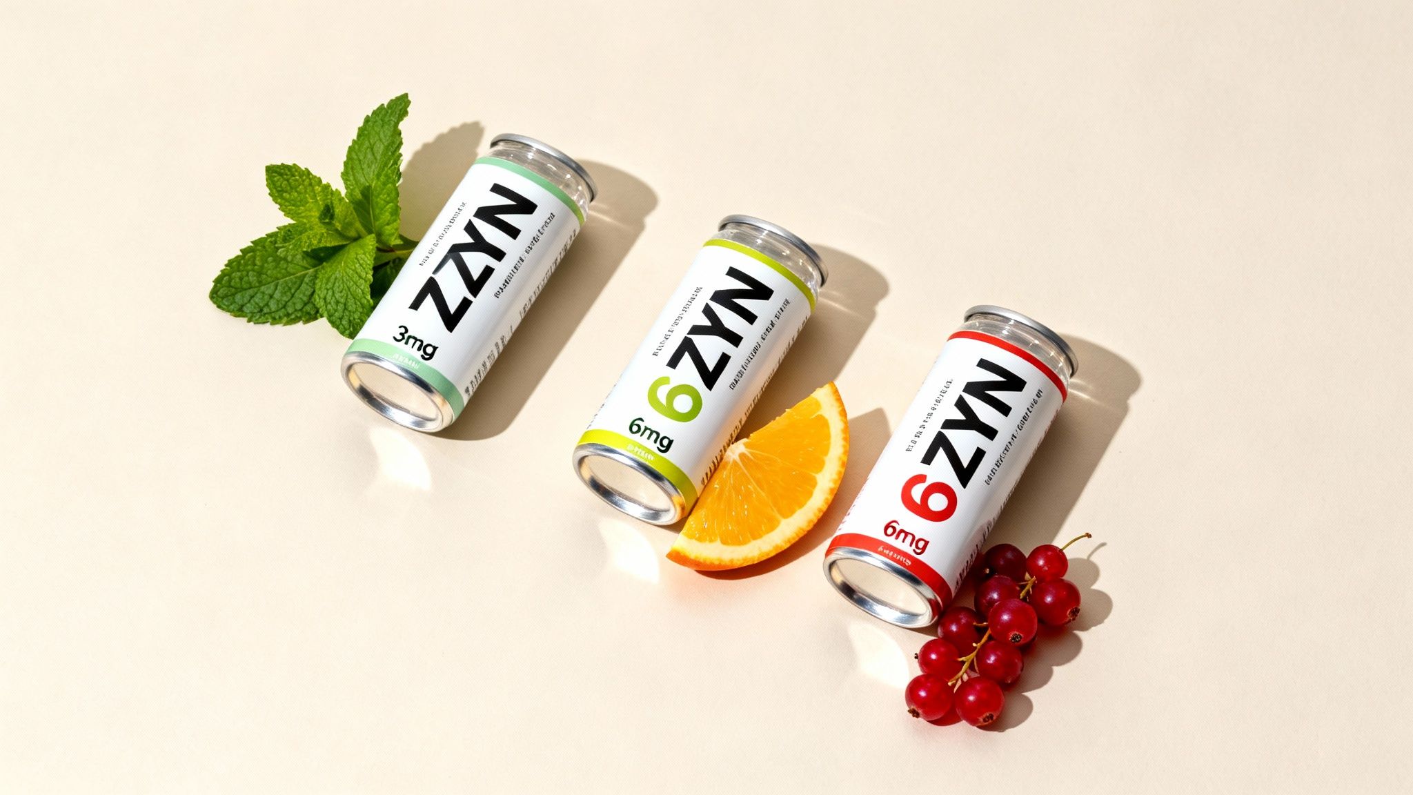 Three ZYN nicotine pouch cans (3mg mint, 6mg citrus, 6mg berry) with fresh ingredients.