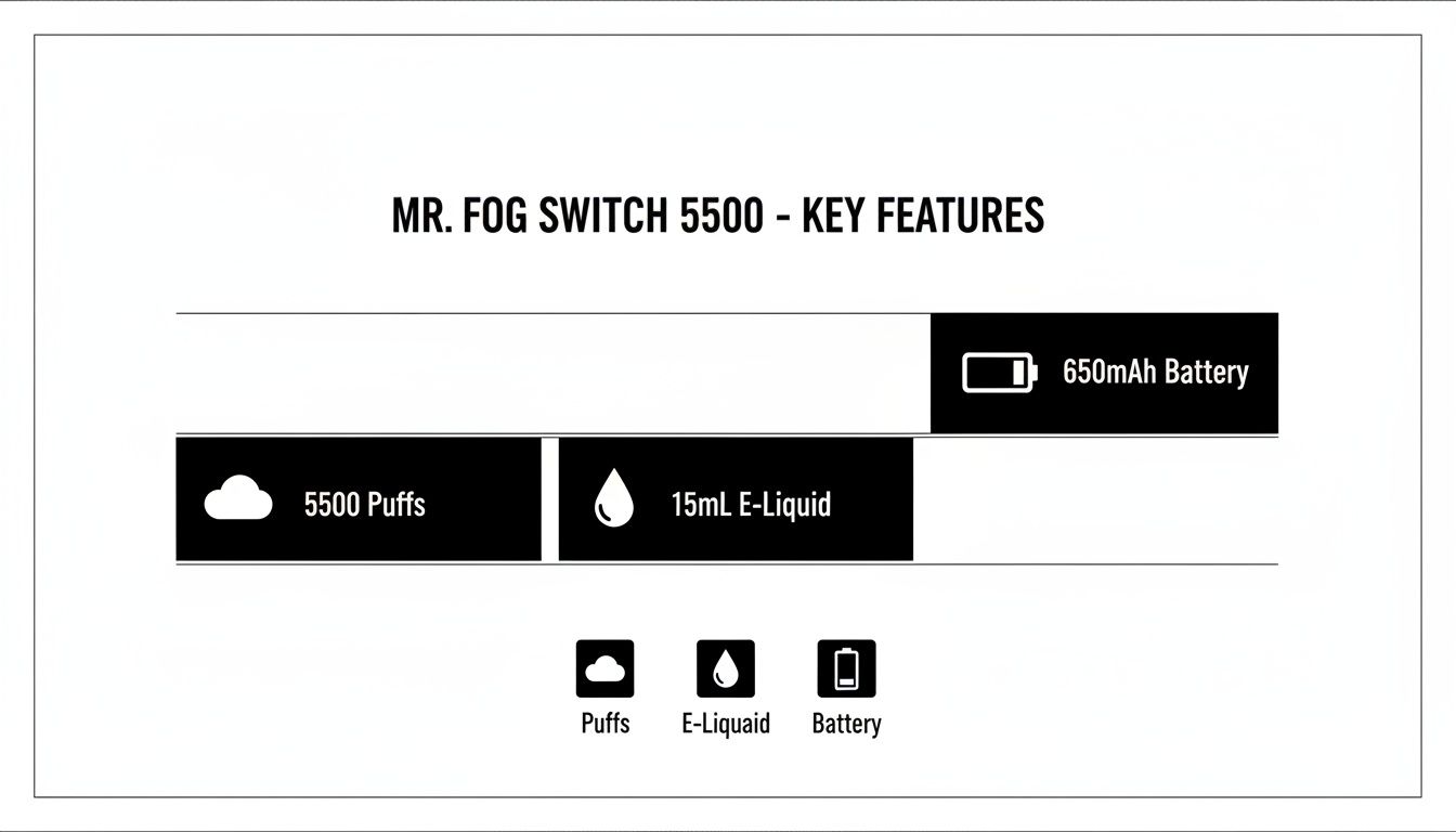 Key features of the Mr. Fog Switch 5500 vape, detailing 5500 puffs, 15mL e-liquid, and a 650mAh battery.