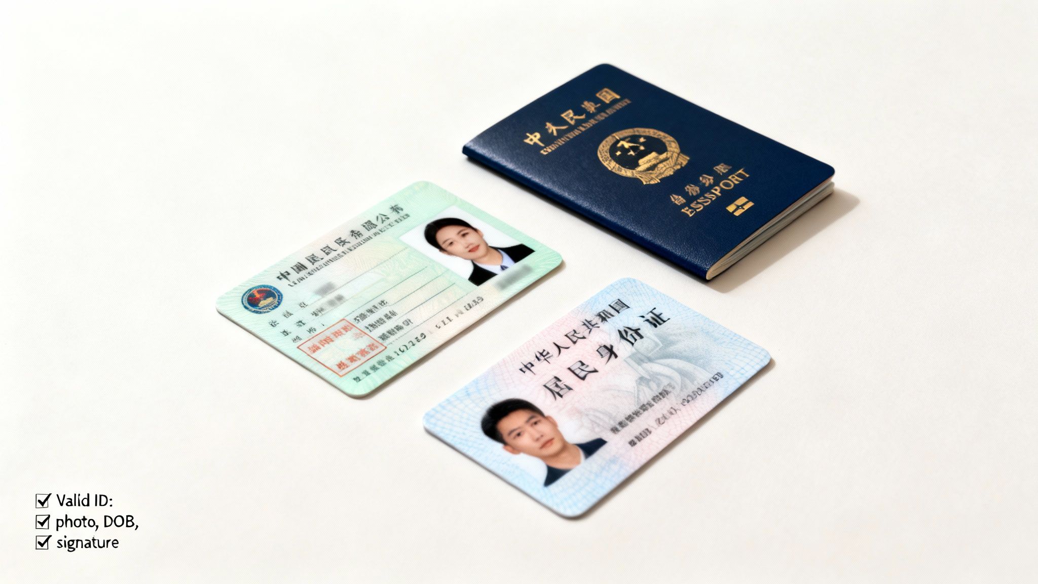Three Chinese identification documents, including a passport, a residence permit, and an ID card, displayed on a white surface.