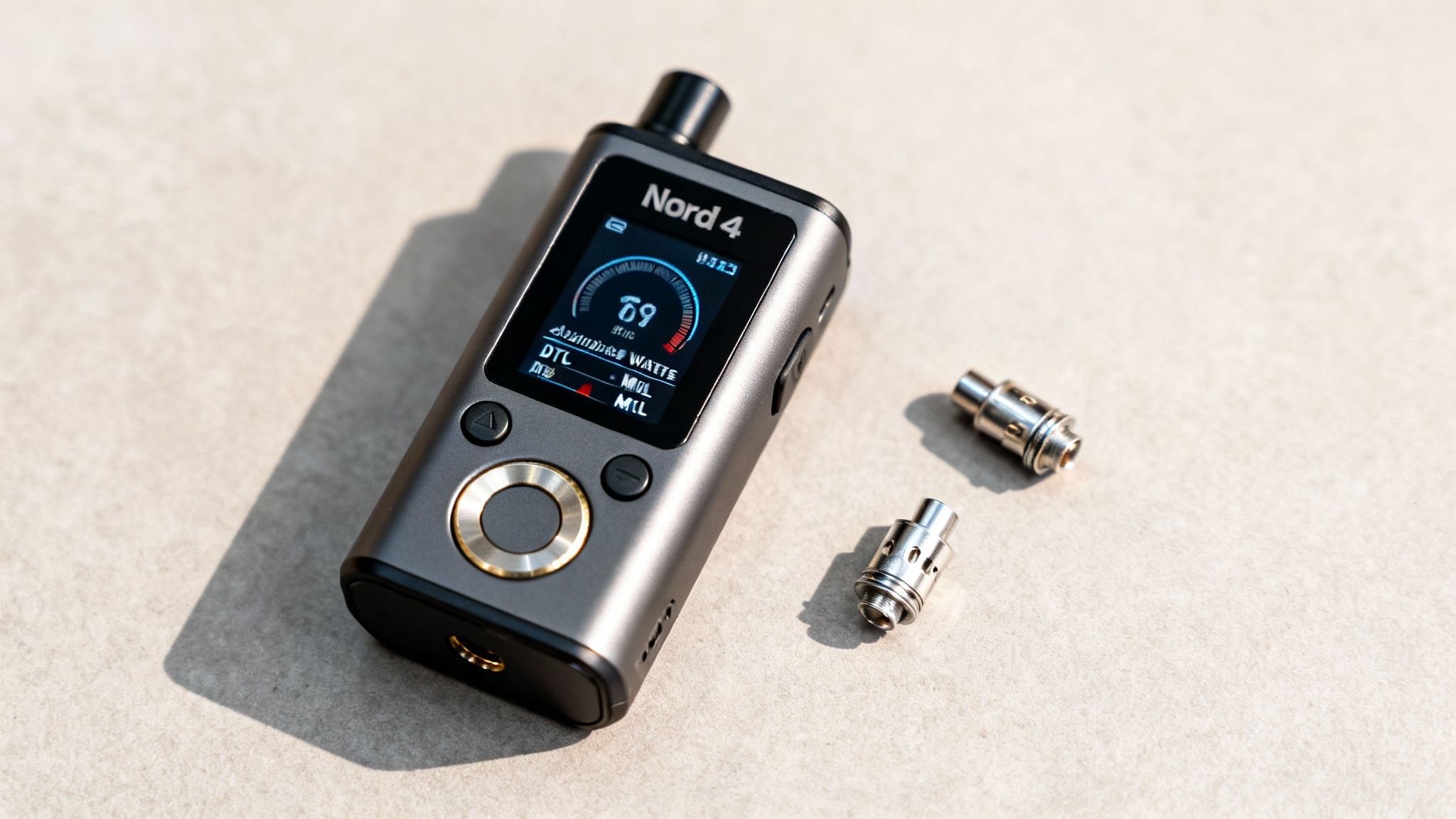 A close-up of a Nord 4 vape device showing 69 watts on screen, with two coils next to it.