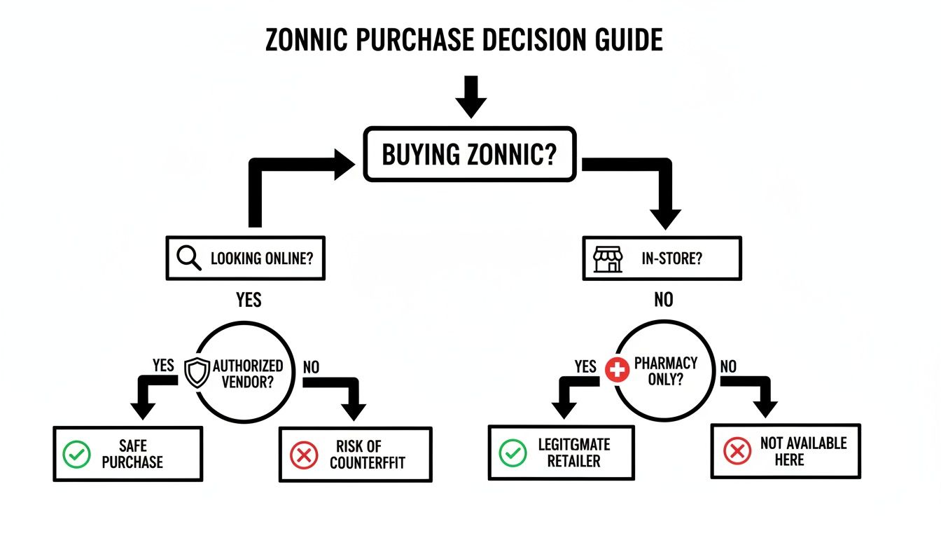 A flowchart guiding users on how to safely purchase Zonnic, either online or in-store, checking for authenticity.