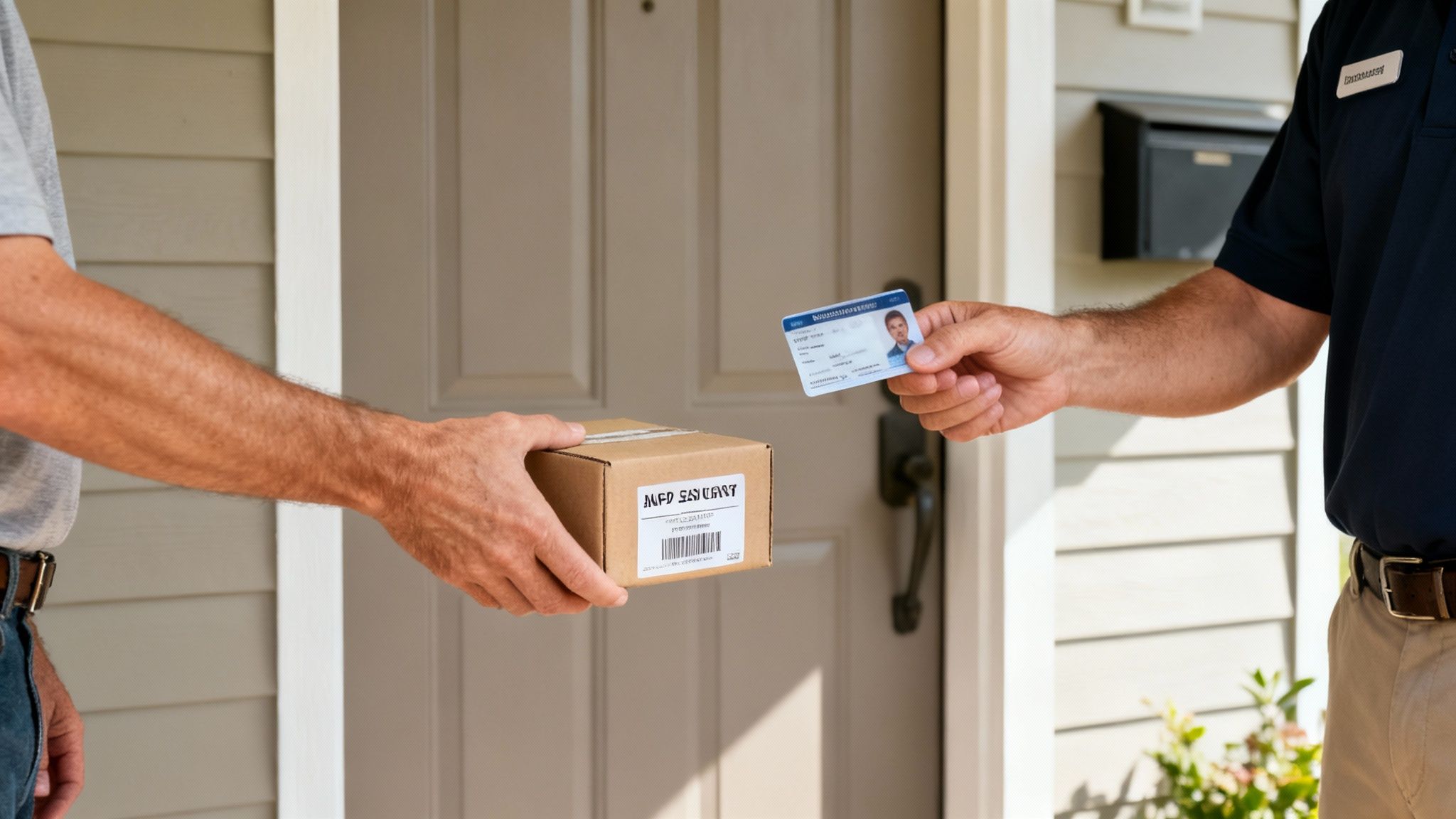 A delivery person hands a package to a customer verifying their identity with an ID card at a front door.
