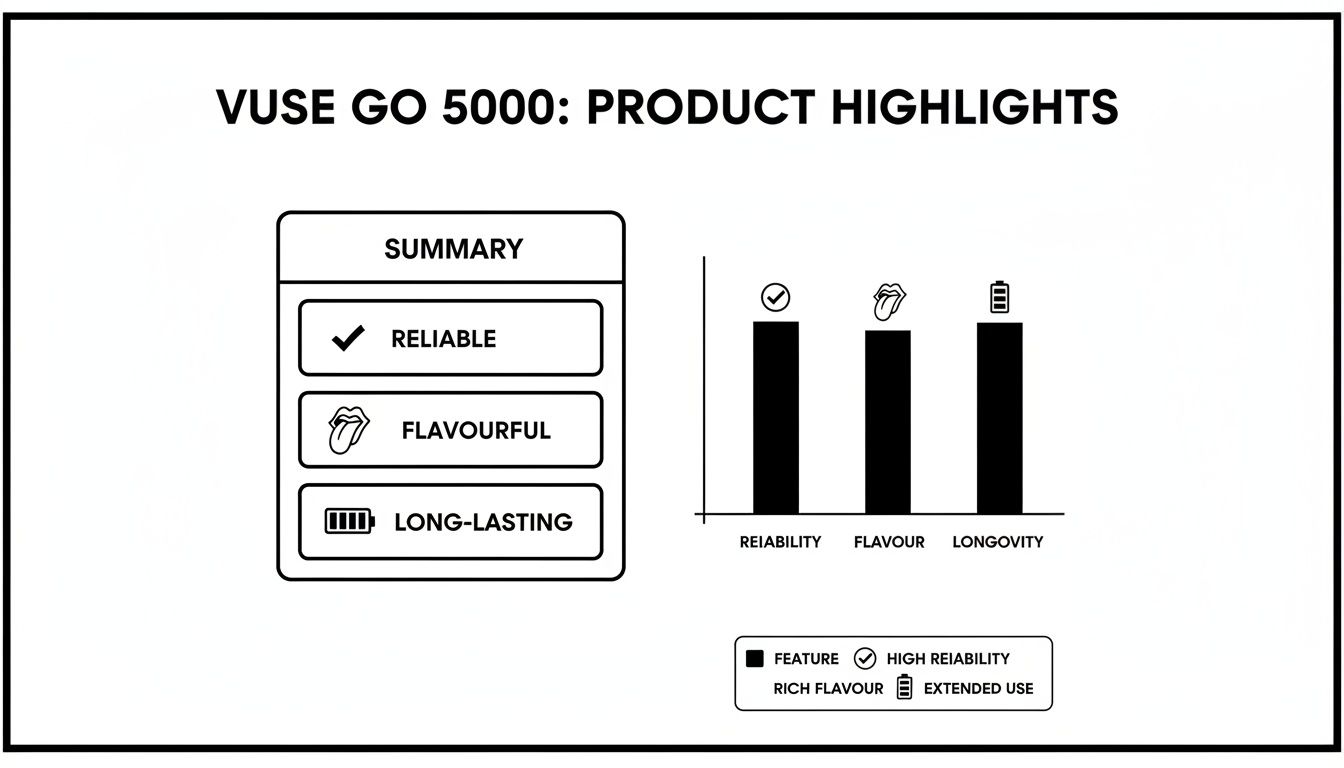 Vuse Go 5000 product highlights showing reliability, rich flavor, and extended use in a summary and bar chart.
