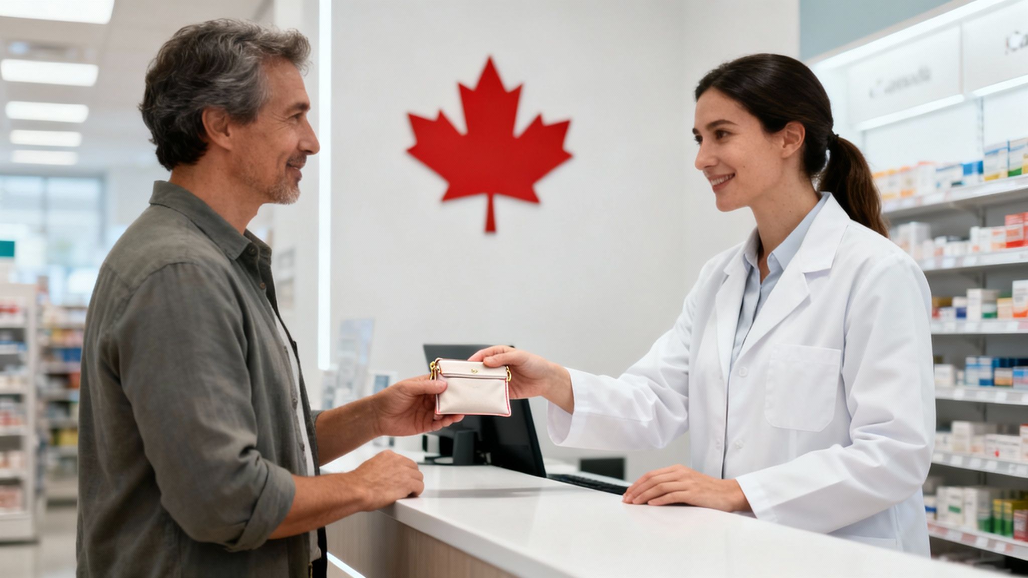 A smiling man exchanges a small pouch with a female pharmacist in a modern Canadian pharmacy.