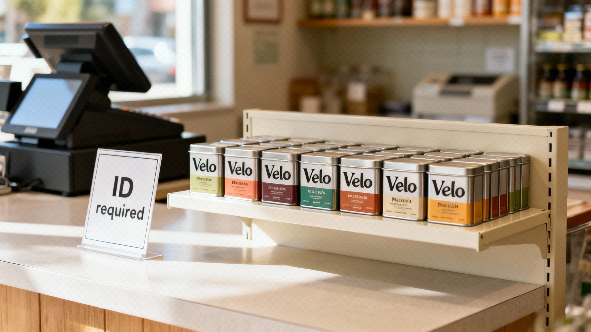 A store counter displaying rows of Velo nicotine pouches in various flavors next to an 'ID required' sign.