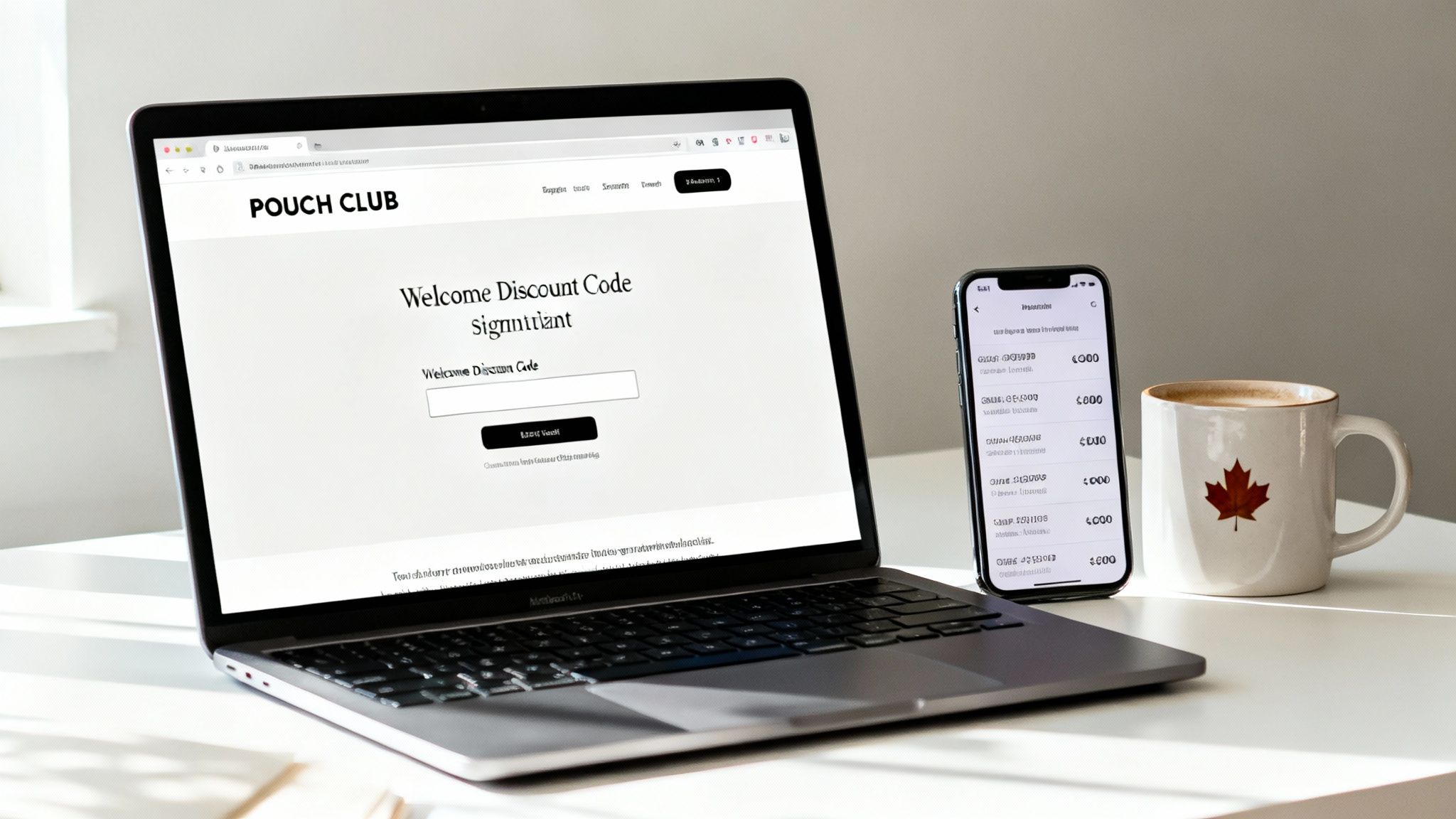 Laptop displaying 'POUCH CLUB' website with a discount code, a smartphone, and a maple leaf mug.