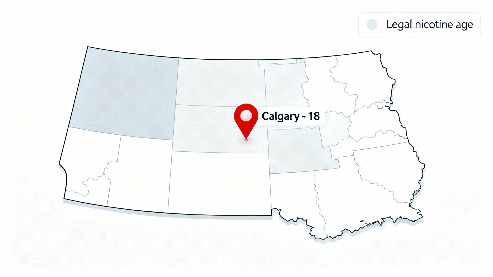 Map illustrating legal nicotine age across Canada, highlighting Calgary with an age of 18.