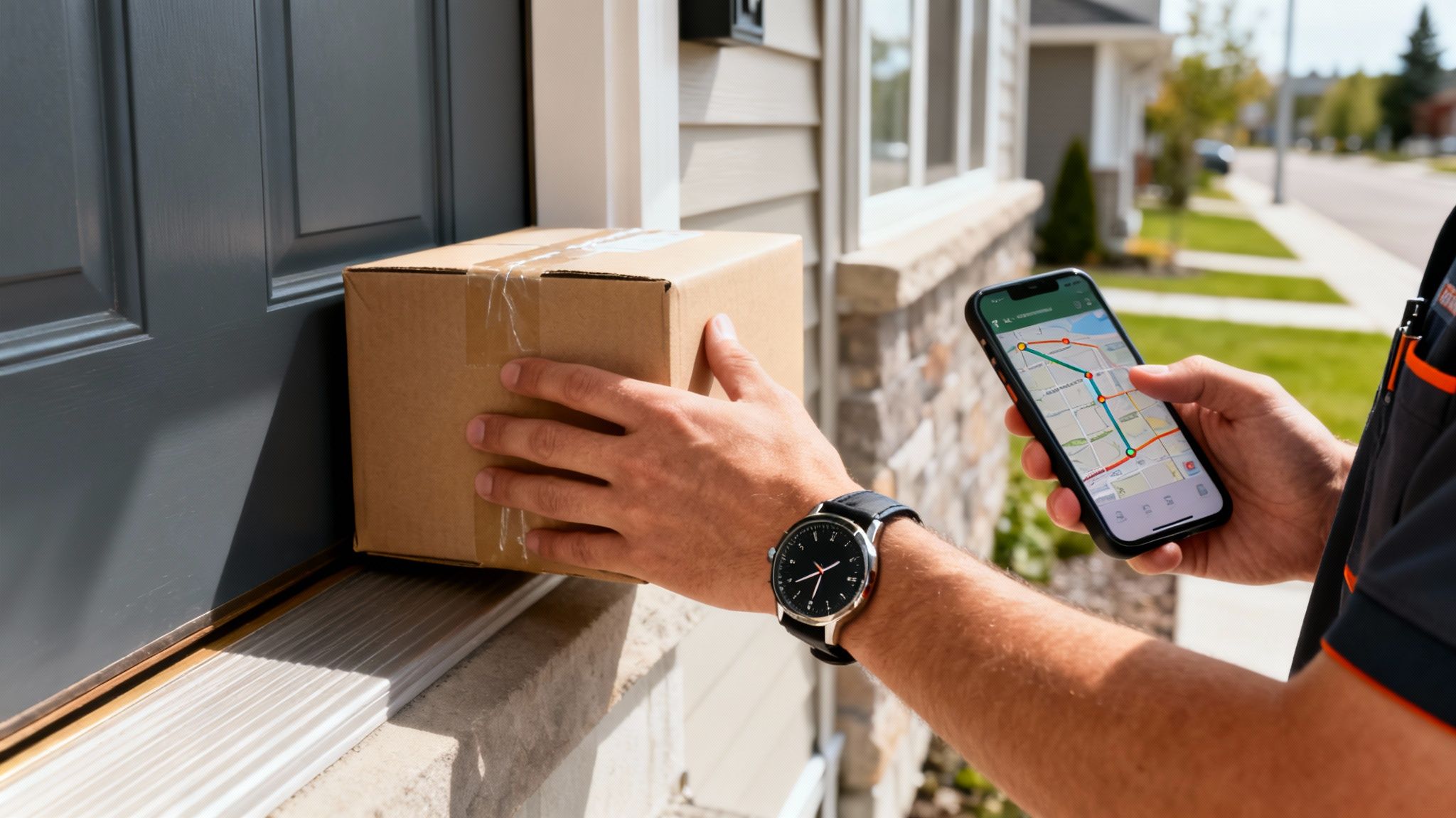 A delivery driver places a brown cardboard package at a front door, checking a map on a smartphone.