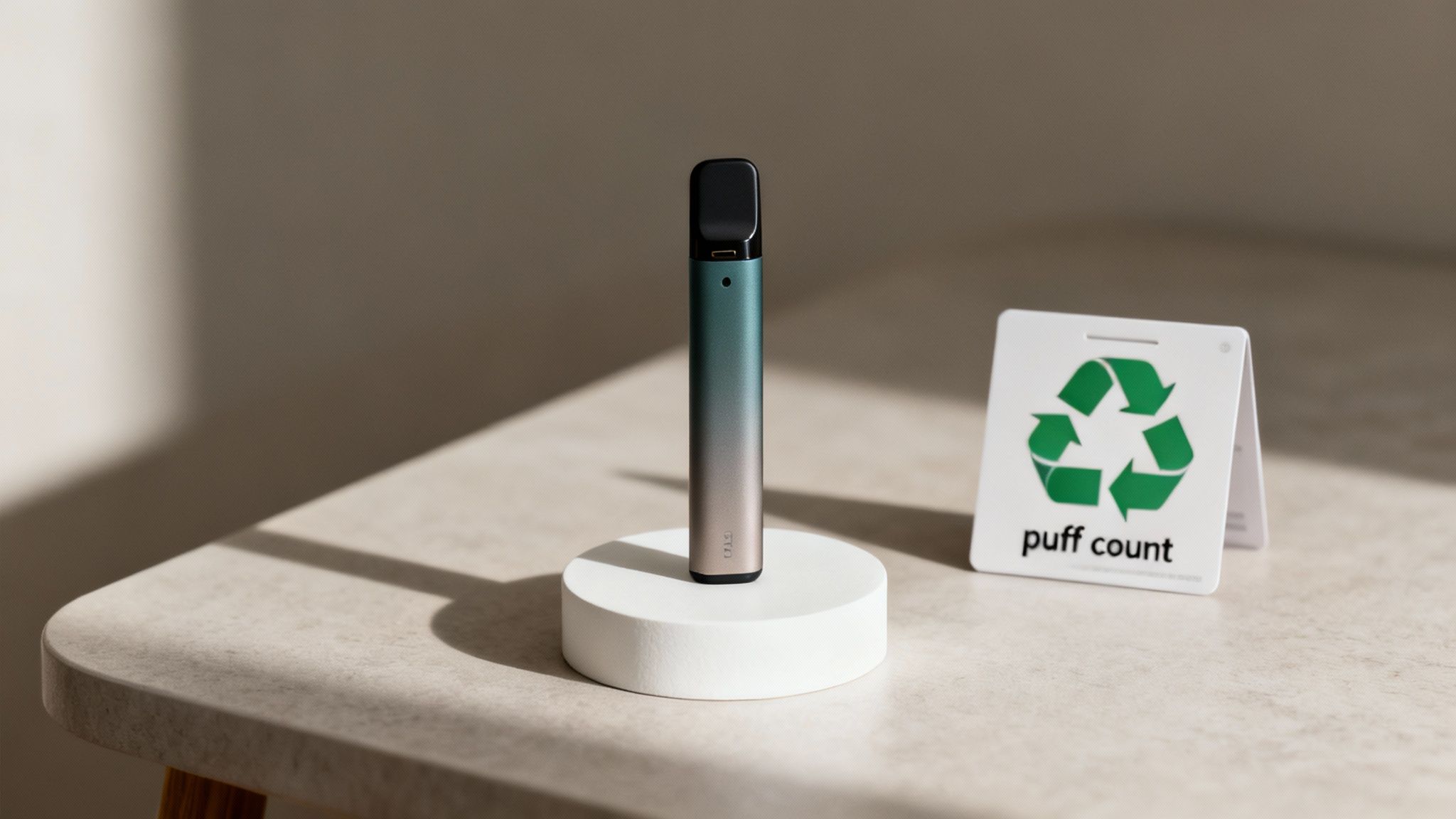 A teal and silver vape pen stands on a white base next to a 'puff count' recycling sign.