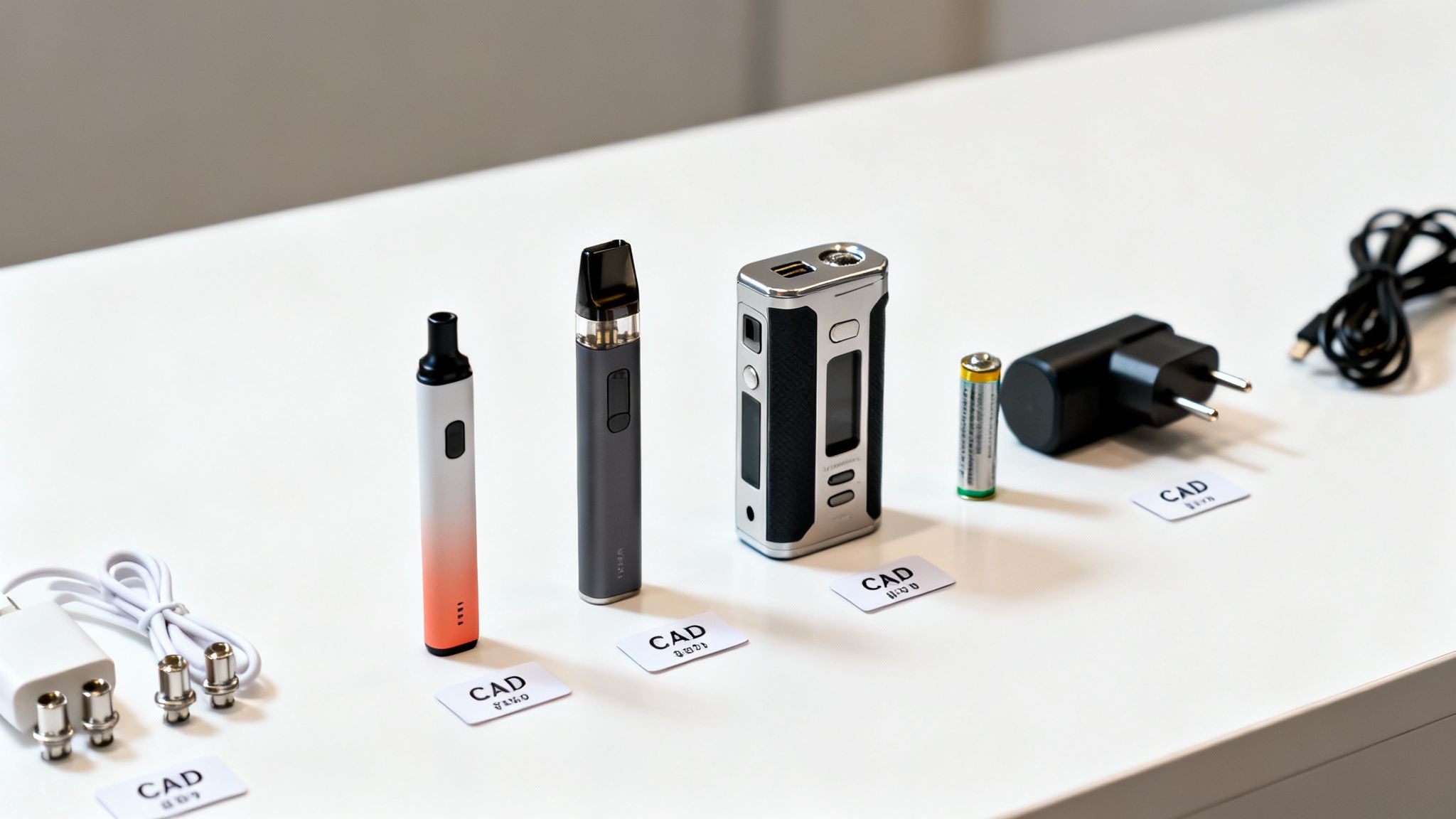 Several vaping devices and accessories like a charger, battery, and coils laid out on a white table.