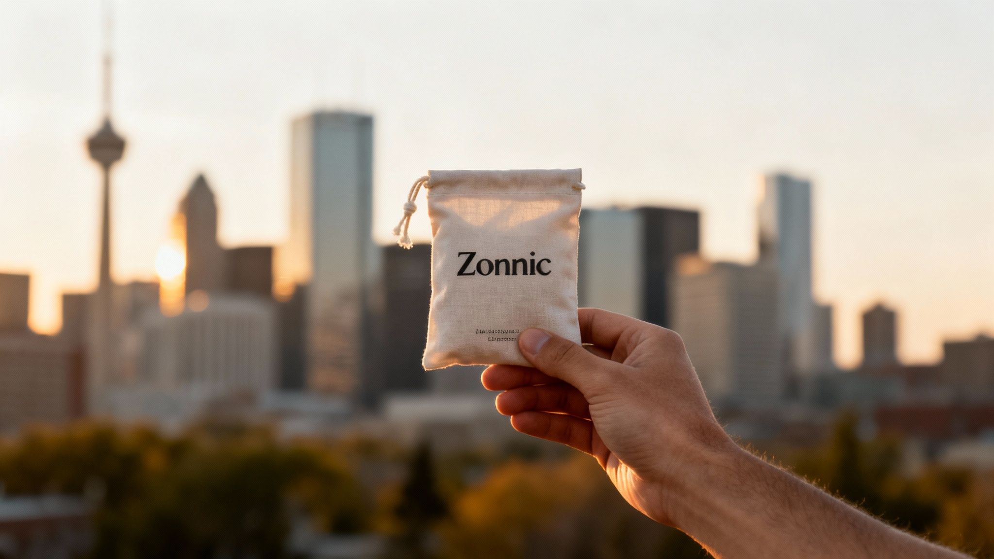 A hand holds a Zonnic pouch against a blurry city skyline at sunset.