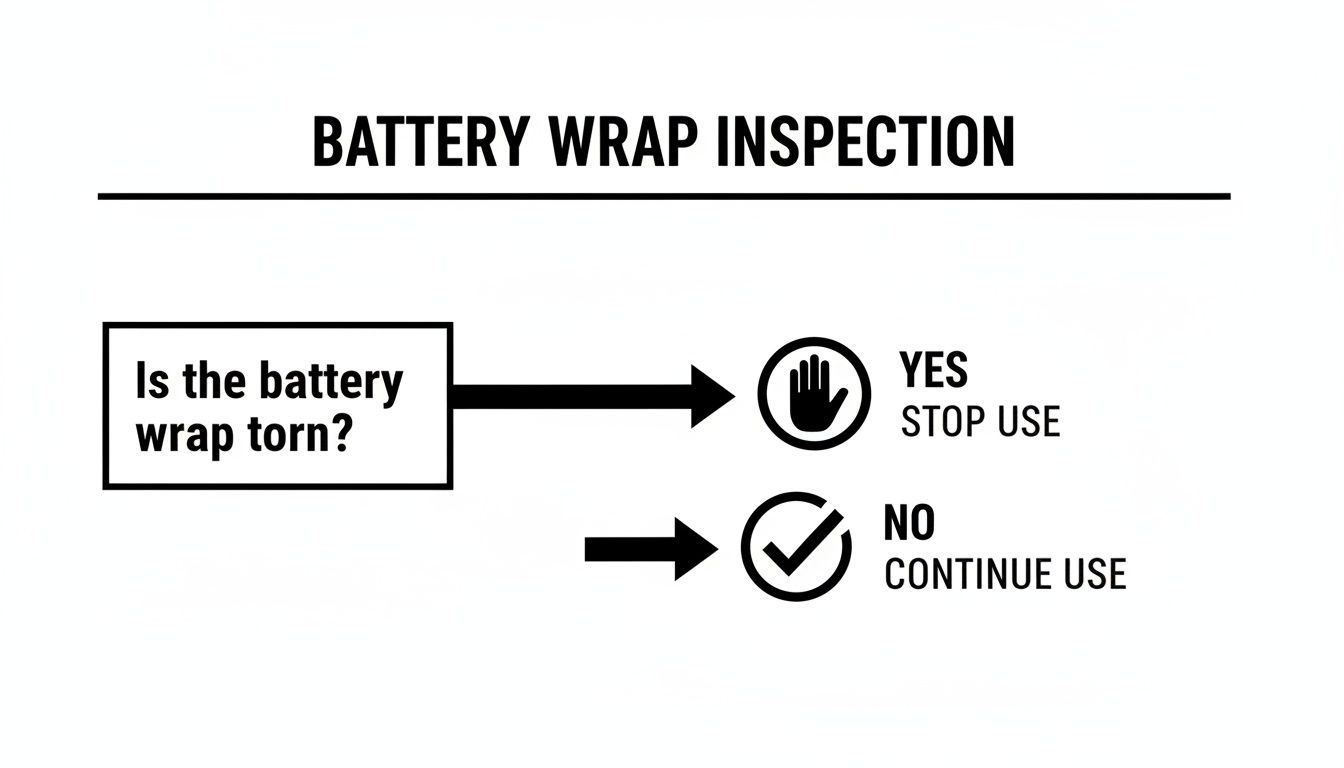 Flowchart for battery wrap inspection: 'Is the battery wrap torn?' Yes, stop use. No, continue use.