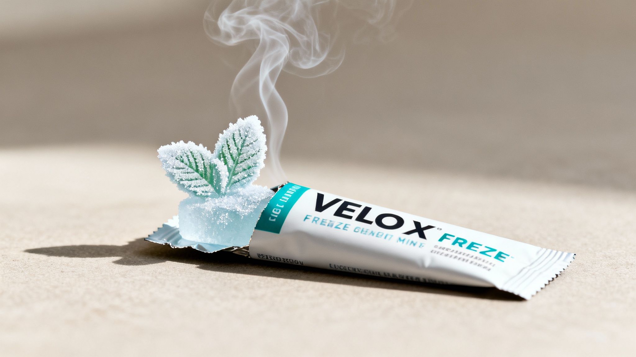 A VELO X FREZE packet is open, revealing a frosty mint cube with smoke rising.