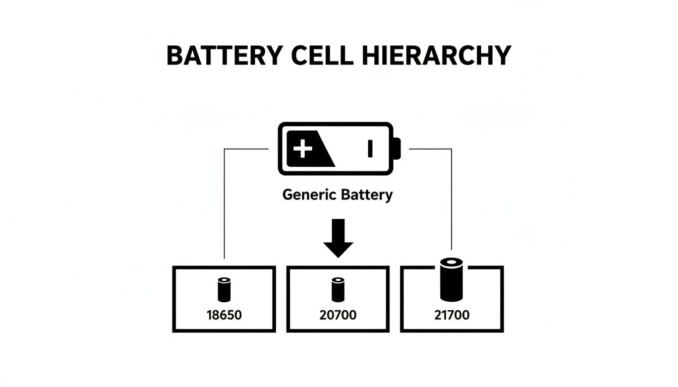Diagram illustrating battery cell hierarchy showing a generic battery leading to 18650, 20700, and 21700 cells.