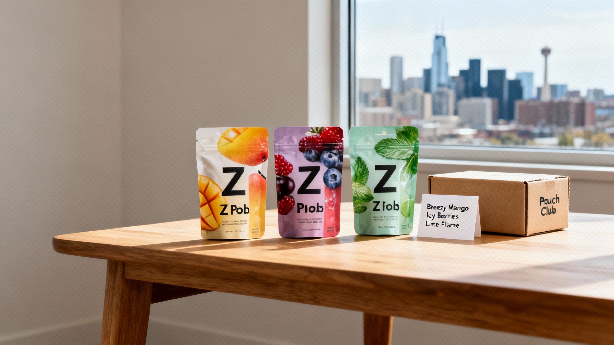 Three Z Pods flavor pouches (mango, berry, mint) with a subscription box on a wooden table.