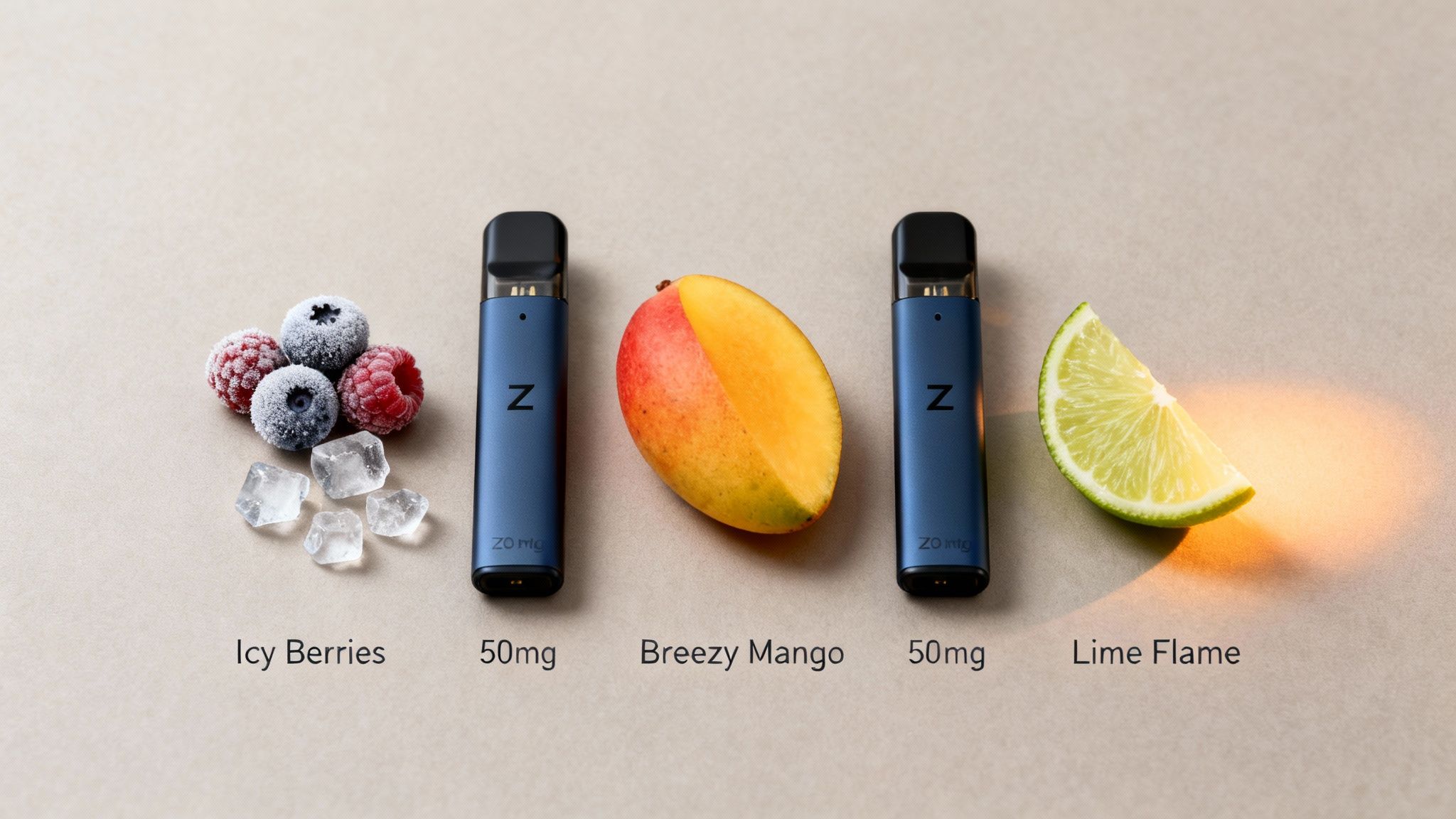 Three Z pods (50mg) displayed with ingredients for Icy Berries, Breezy Mango, and Lime Flame flavors.