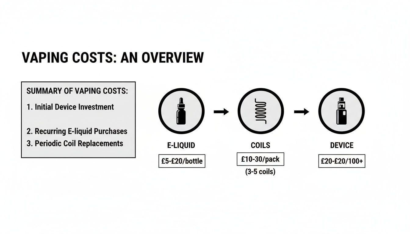 An overview of vaping costs, detailing initial device, e-liquid, and coil expenses with price ranges.