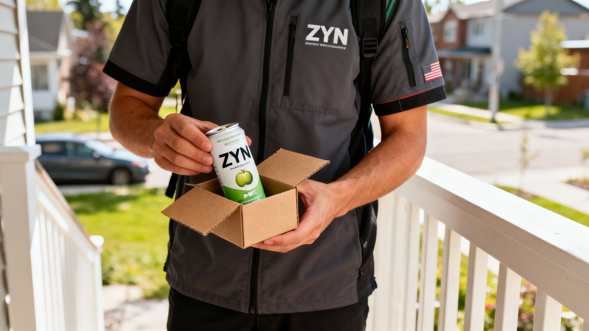 A person in a ZYN branded shirt holds a ZYN apple mint can in a small box.