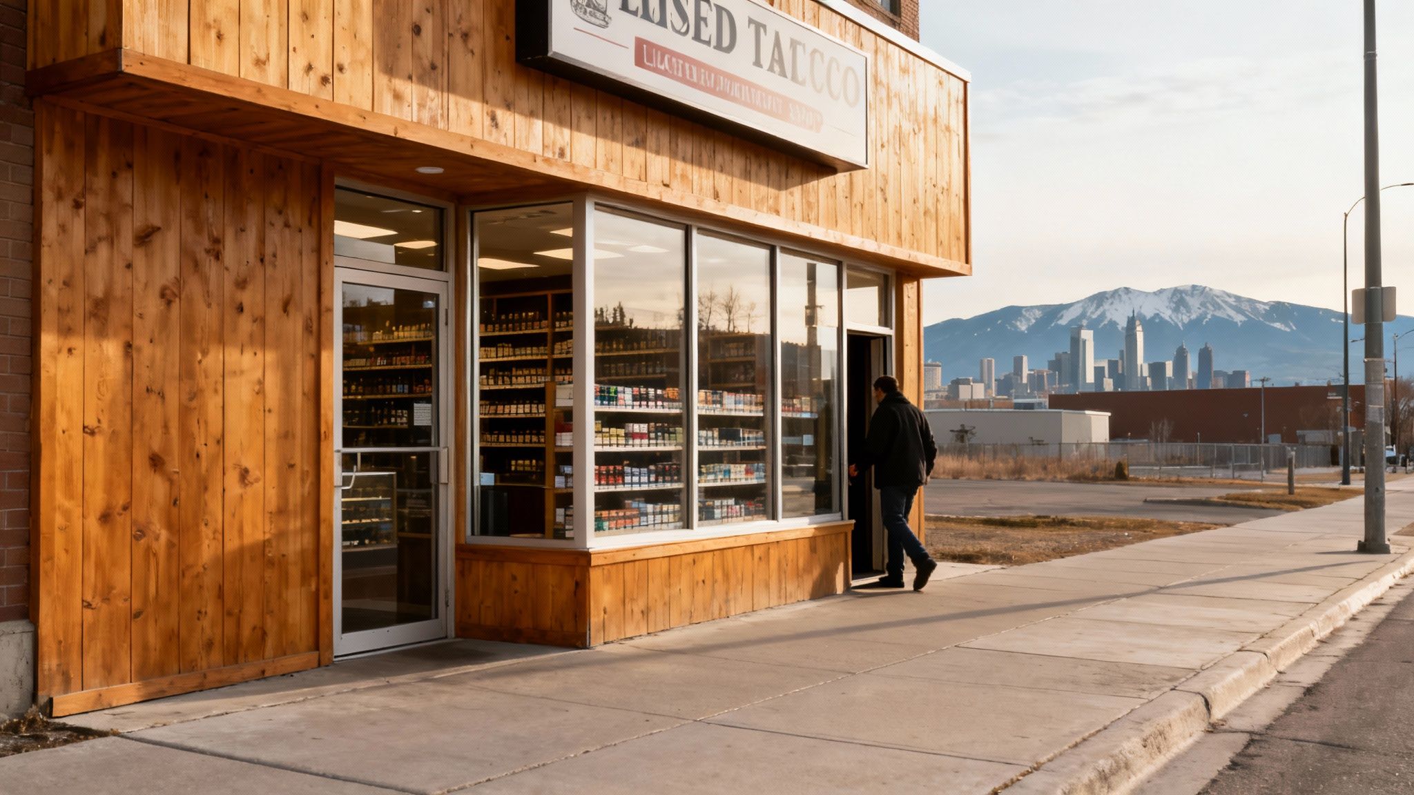 A man enters a rustic wooden tobacco shop with large windows, city skyline and mountains behind.