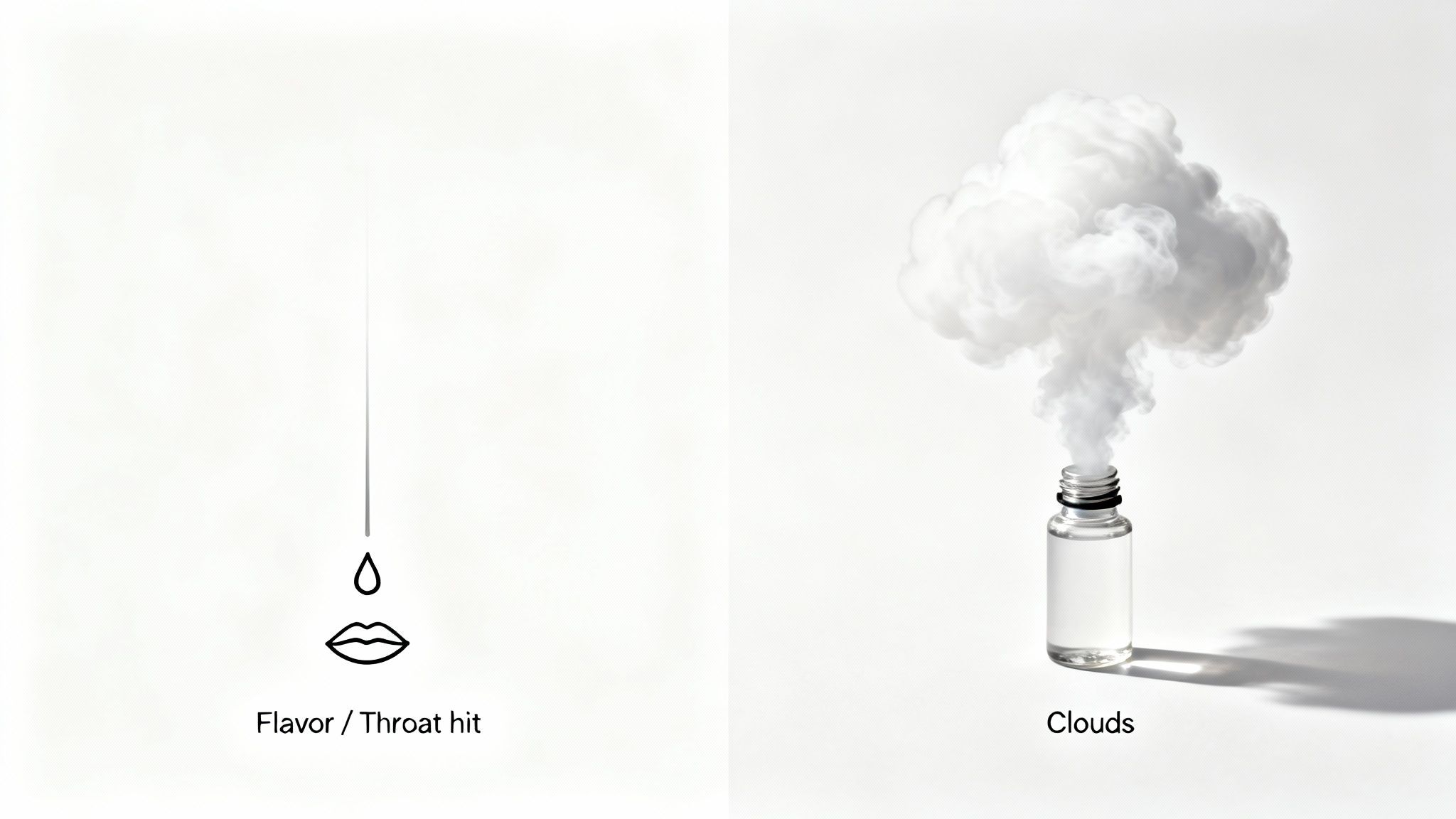 Illustration contrasting vape liquid qualities: flavor/throat hit via lips and a drop, and large vapor clouds from a bottle.