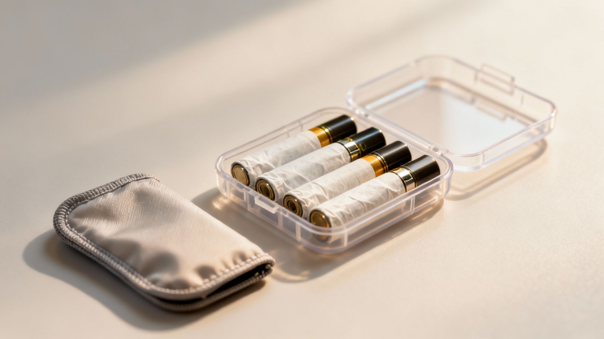 Four rechargeable cylindrical batteries, possibly for vape devices, stored in a clear plastic case next to a cloth pouch.