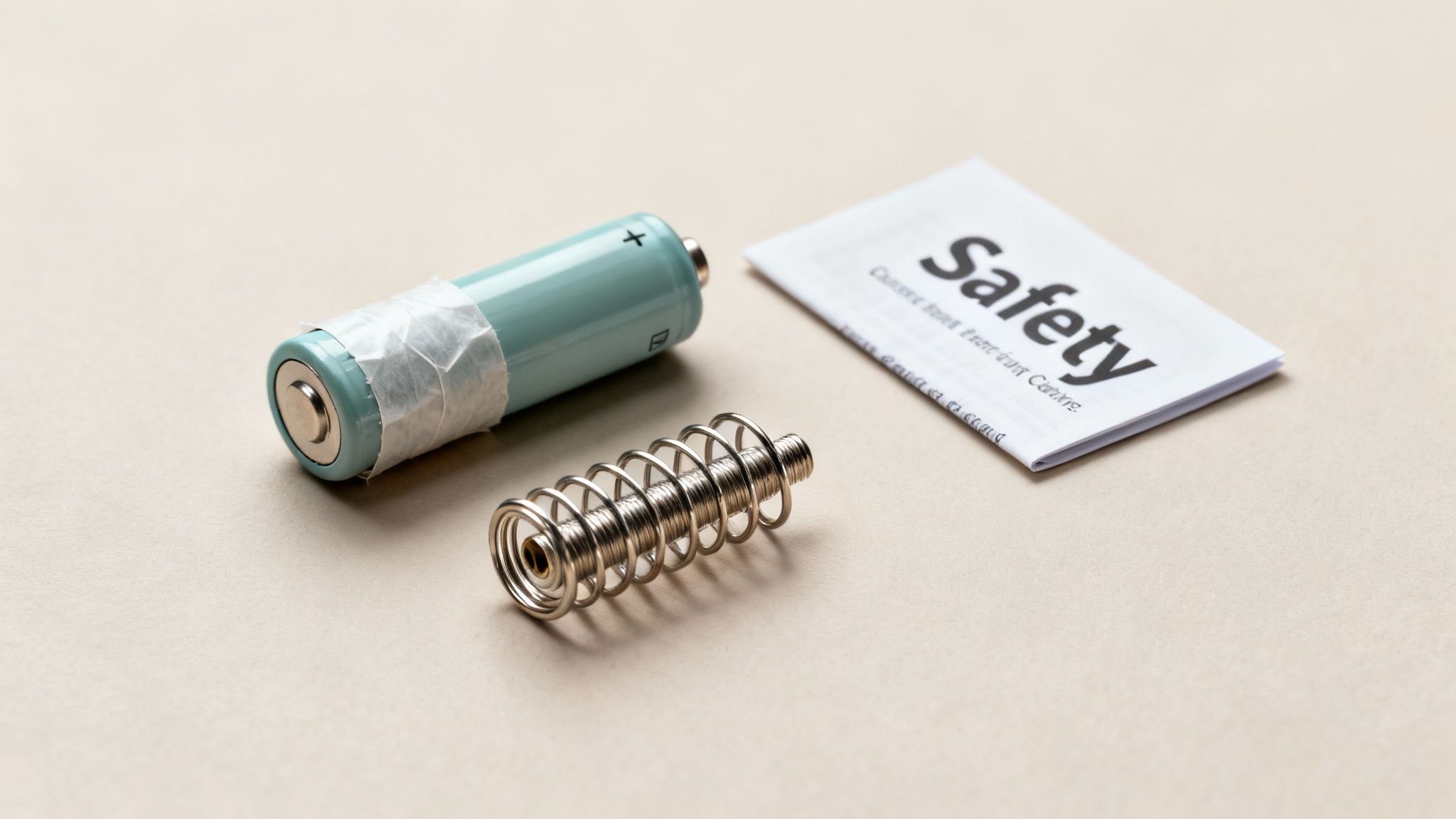 A light blue battery, a metal coil spring, and a small safety instruction booklet.