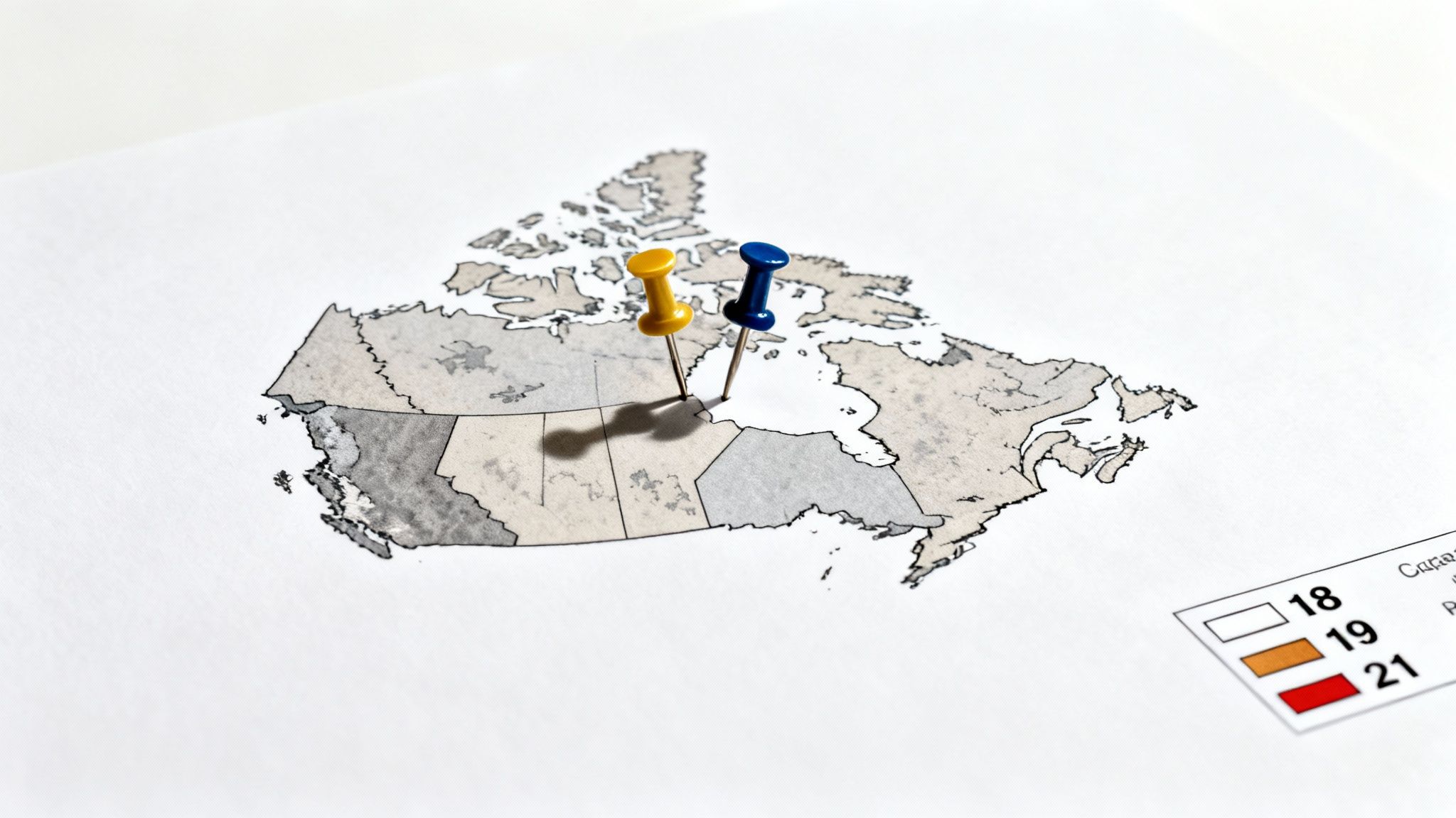 Map of Canada showing provinces and territories, marked with two pushpins, and a legal age legend.