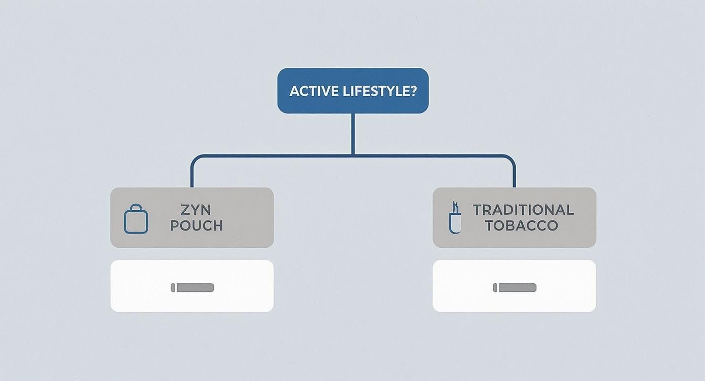 Flowchart comparing ZYN Pouch to Traditional Tobacco in relation to an active lifestyle.