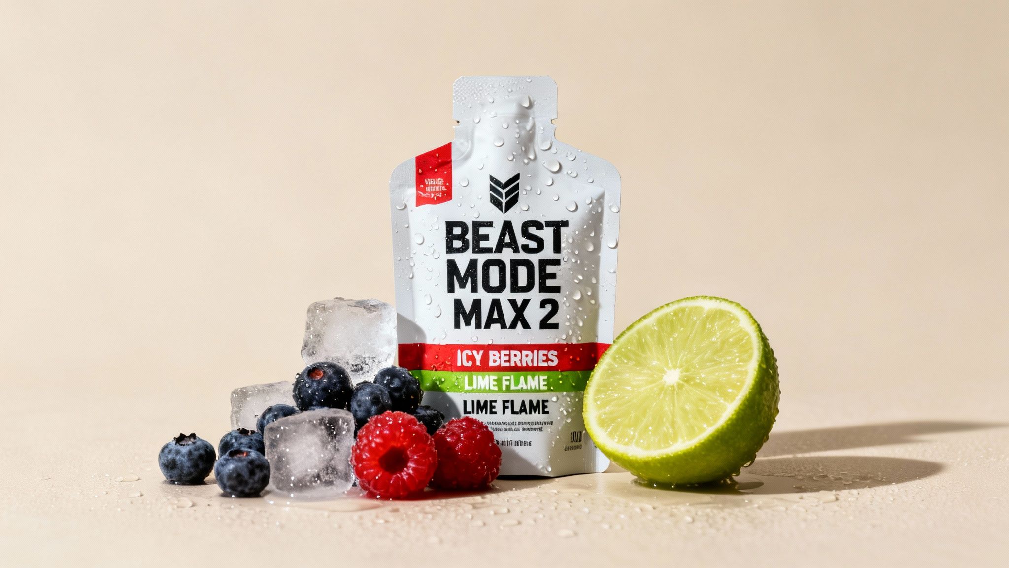 Pouch of Beast Mode Max 2 Icy Berries Lime Flame with fresh fruit and ice.