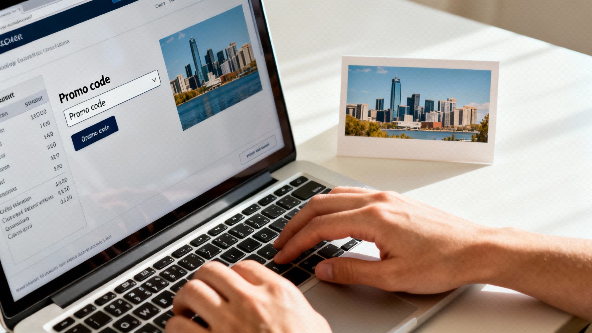 A person's hands are typing on a laptop displaying a 'Promo code' field and a cityscape.
