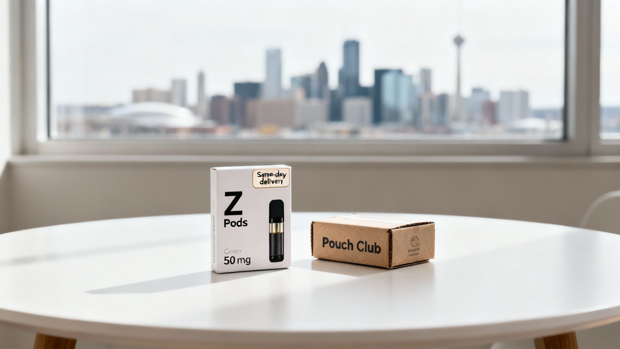 White Z Pods 50mg package with a black vape pod next to a Pouch Club box on a table.