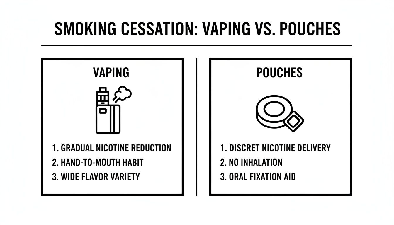 An infographic comparing vaping and nicotine pouches as smoking cessation methods with their benefits.