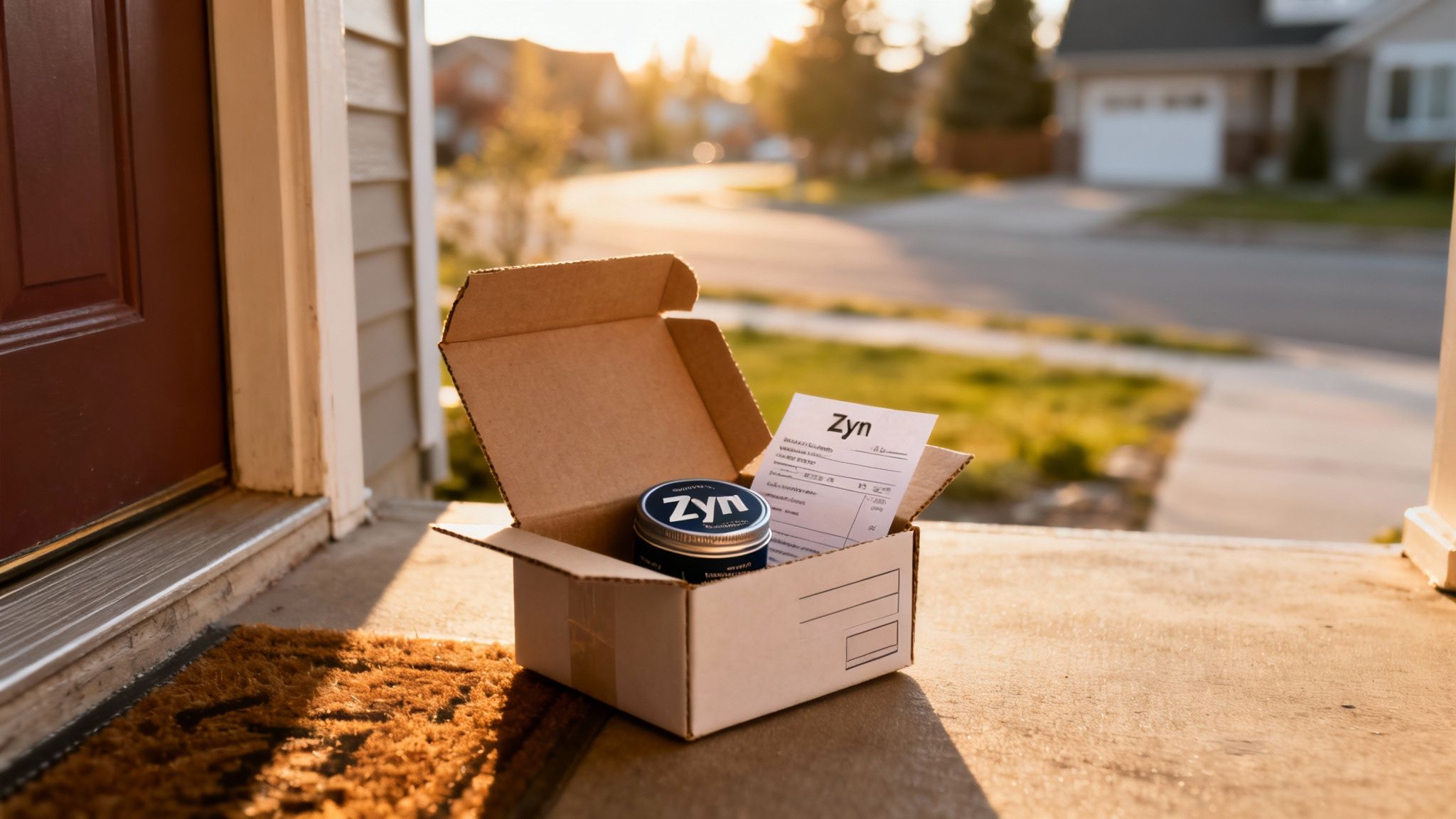 An open delivery box with a Zyn tin and receipt sits on a sunlit residential porch.