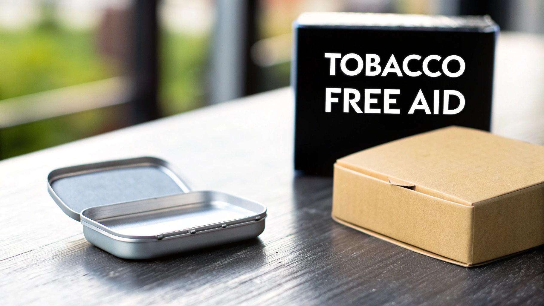 A black 'TOBACCO FREE AID' box, a brown cardboard box, and an open metal tin on a wooden surface.