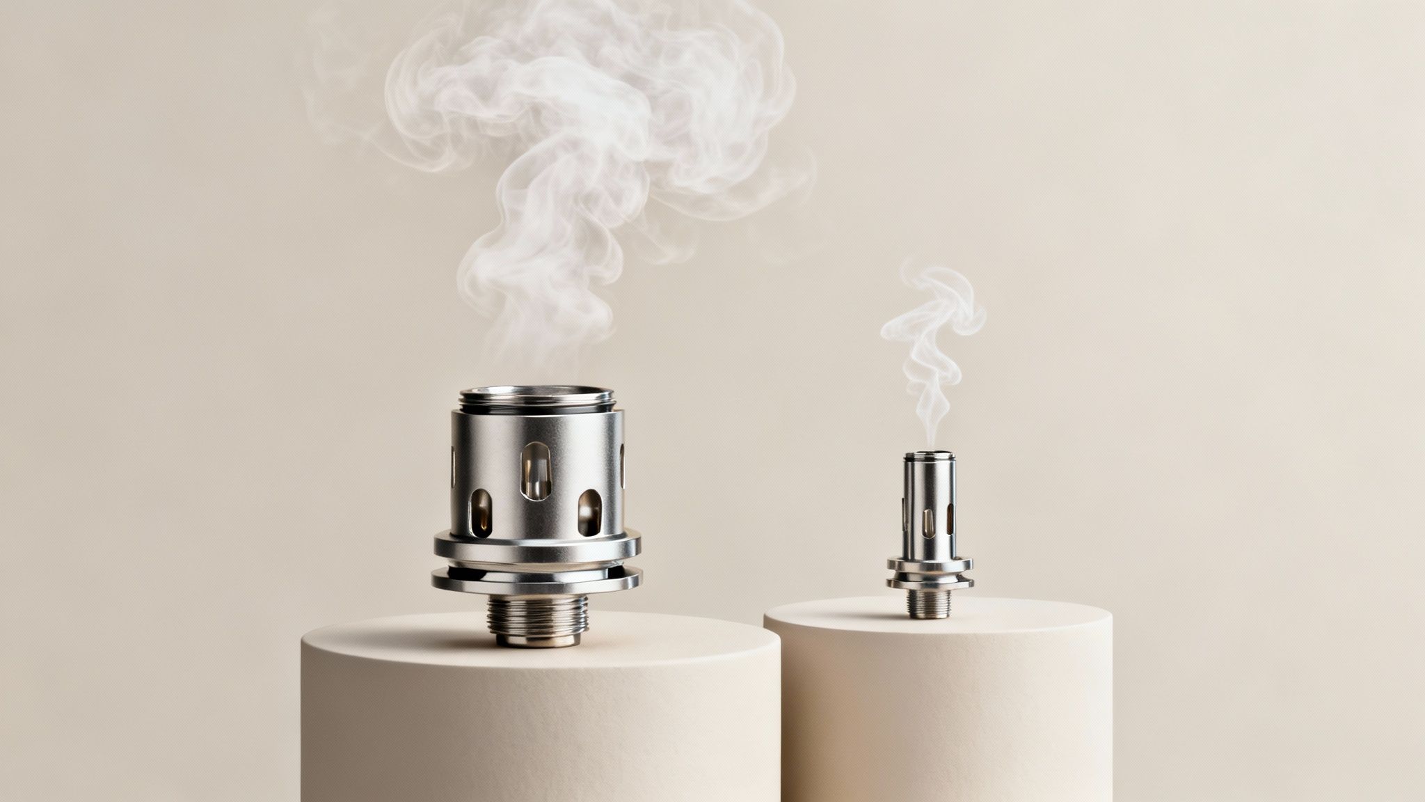 Two silver vape coils emitting white smoke, displayed on beige cylindrical pedestals.