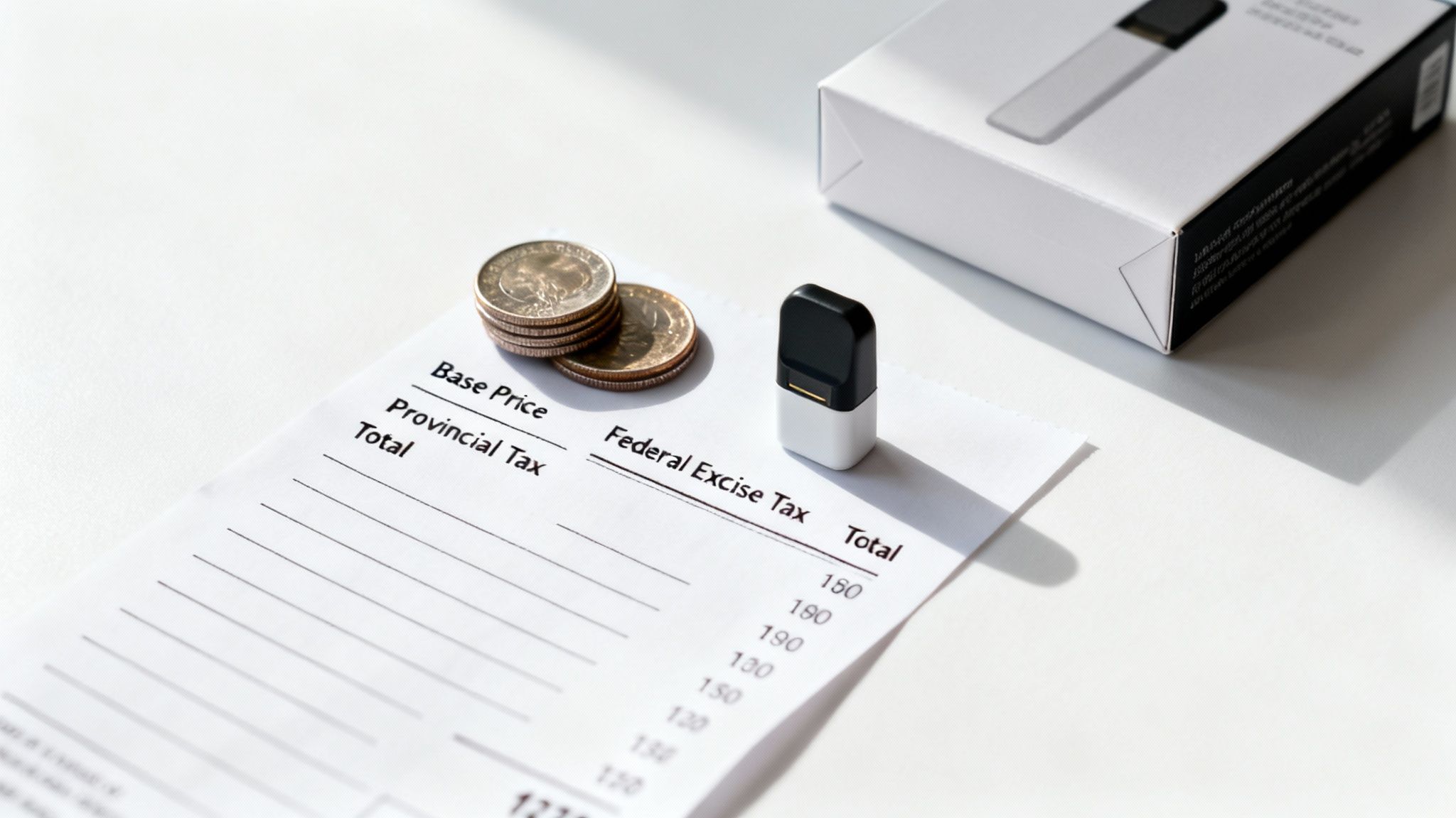 Receipt showing prices and federal excise tax for vape pods, with coins and device.