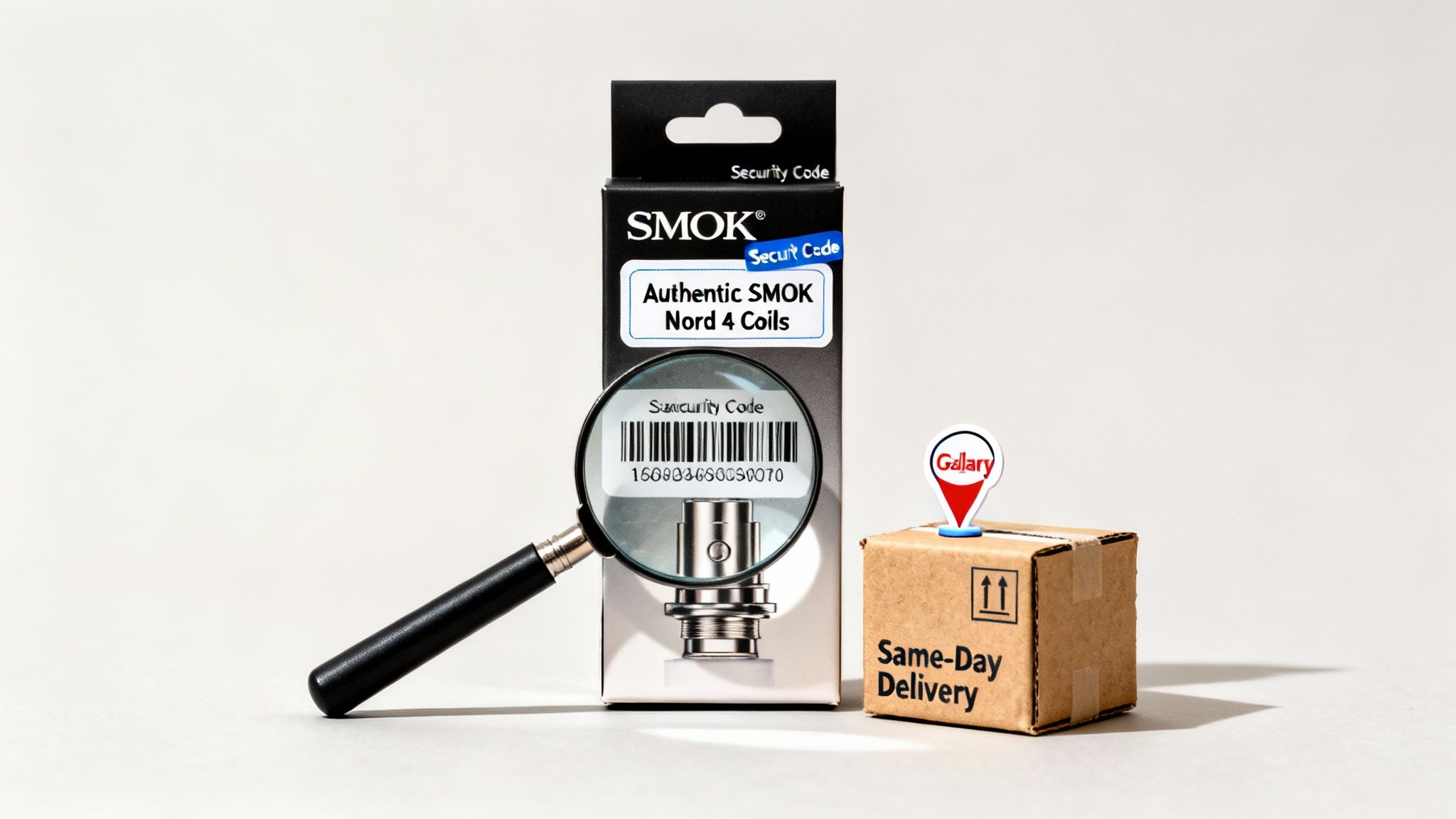 Authentic SMOK Nord 4 Coils box with security code magnified, beside a same-day delivery package.