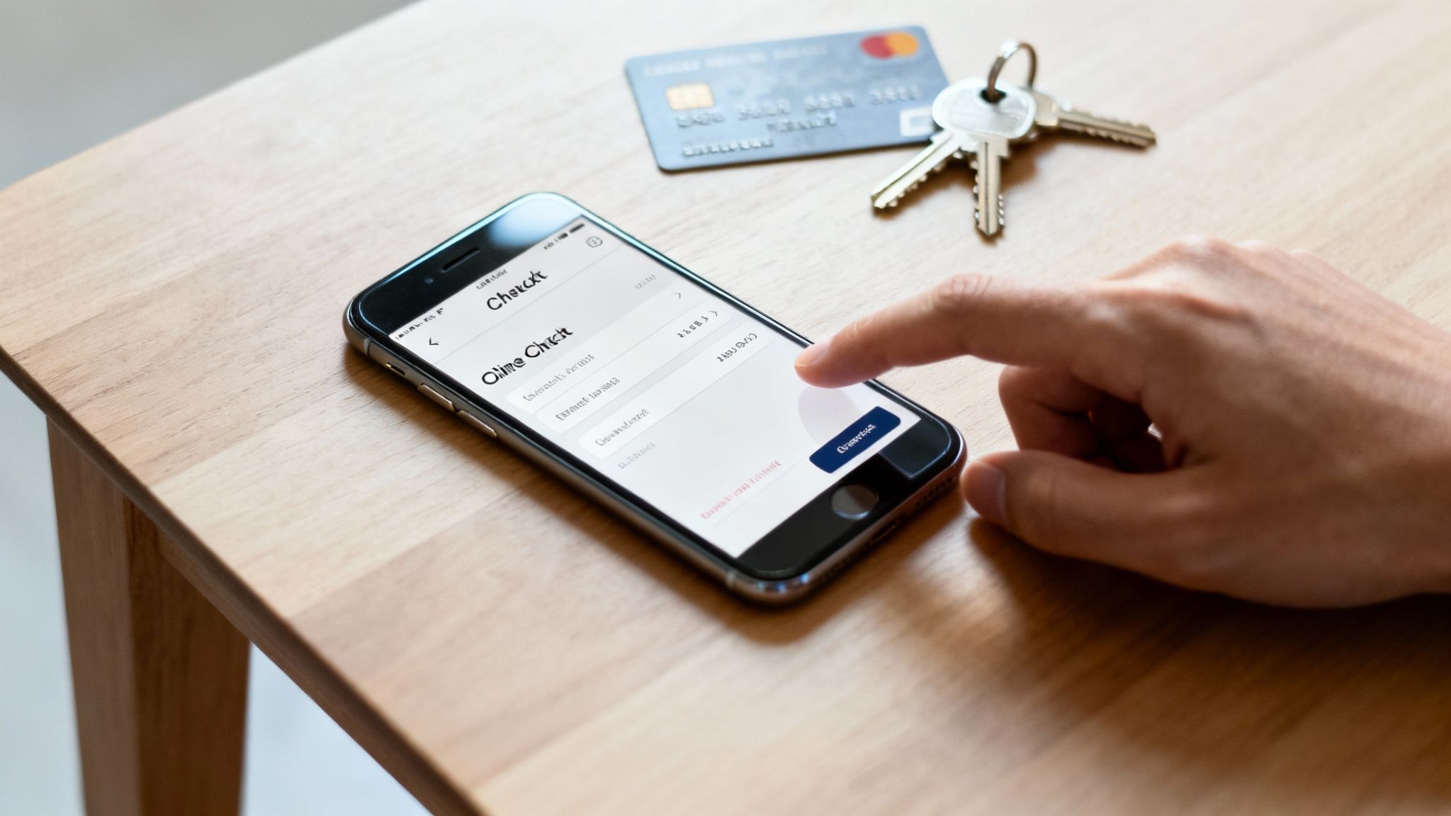 A hand uses a smartphone with an online check app, credit card and keys on a wooden table.