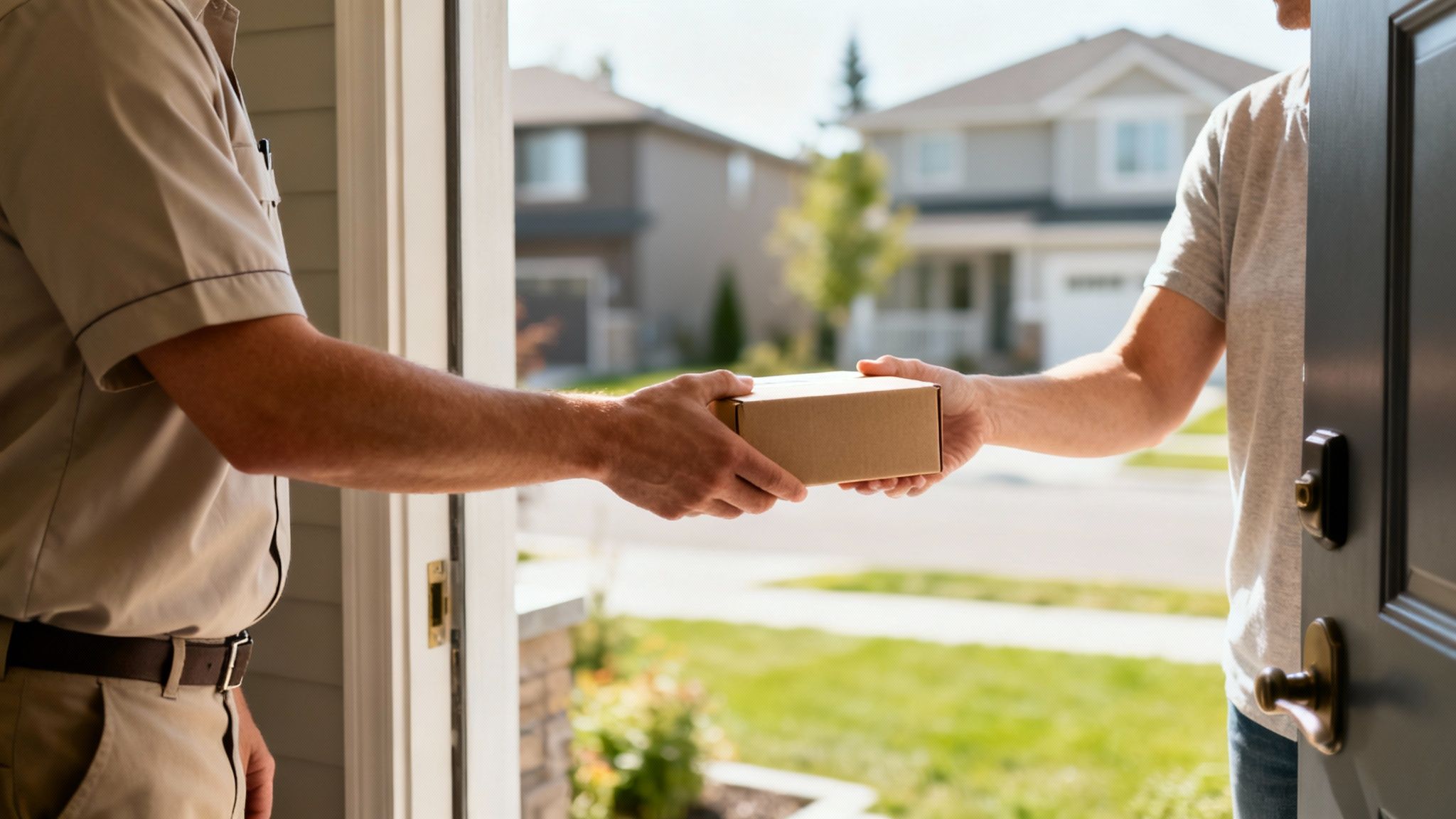 A delivery person hands a brown cardboard package to a person opening their front door.