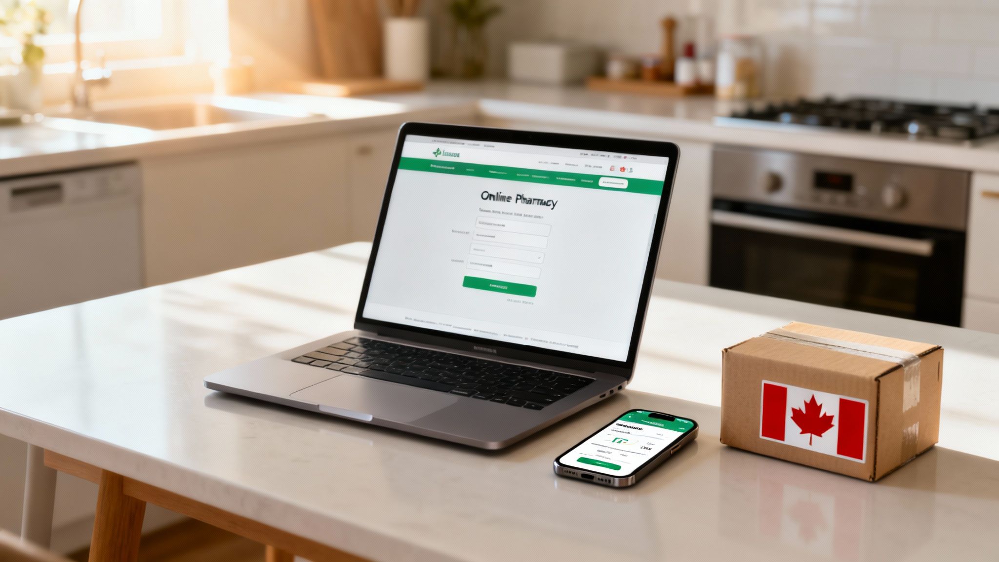 Online pharmacy website on a laptop and app on a smartphone, with a Canadian flag delivery box.