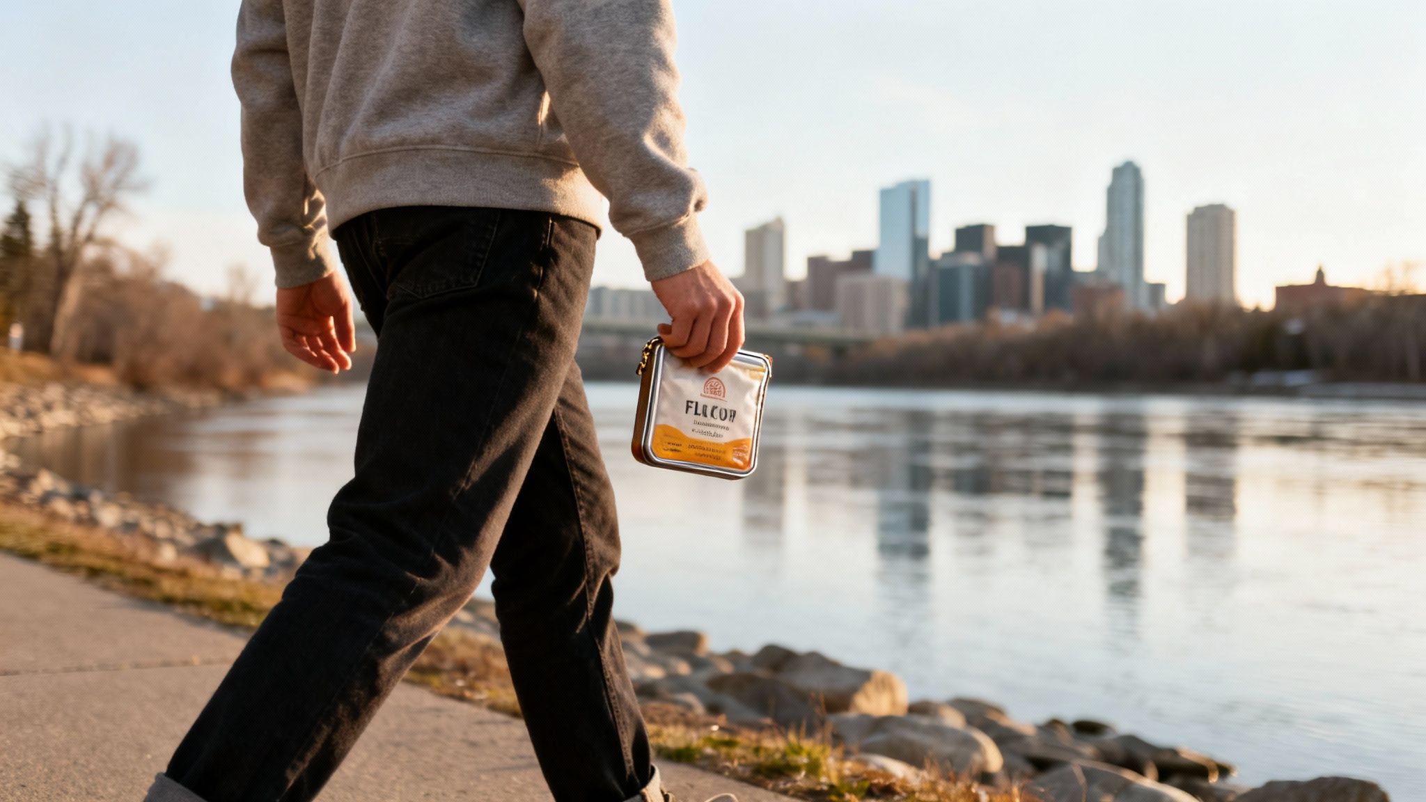 A person walks along a river path, holding a small package, with a city skyline in the background.