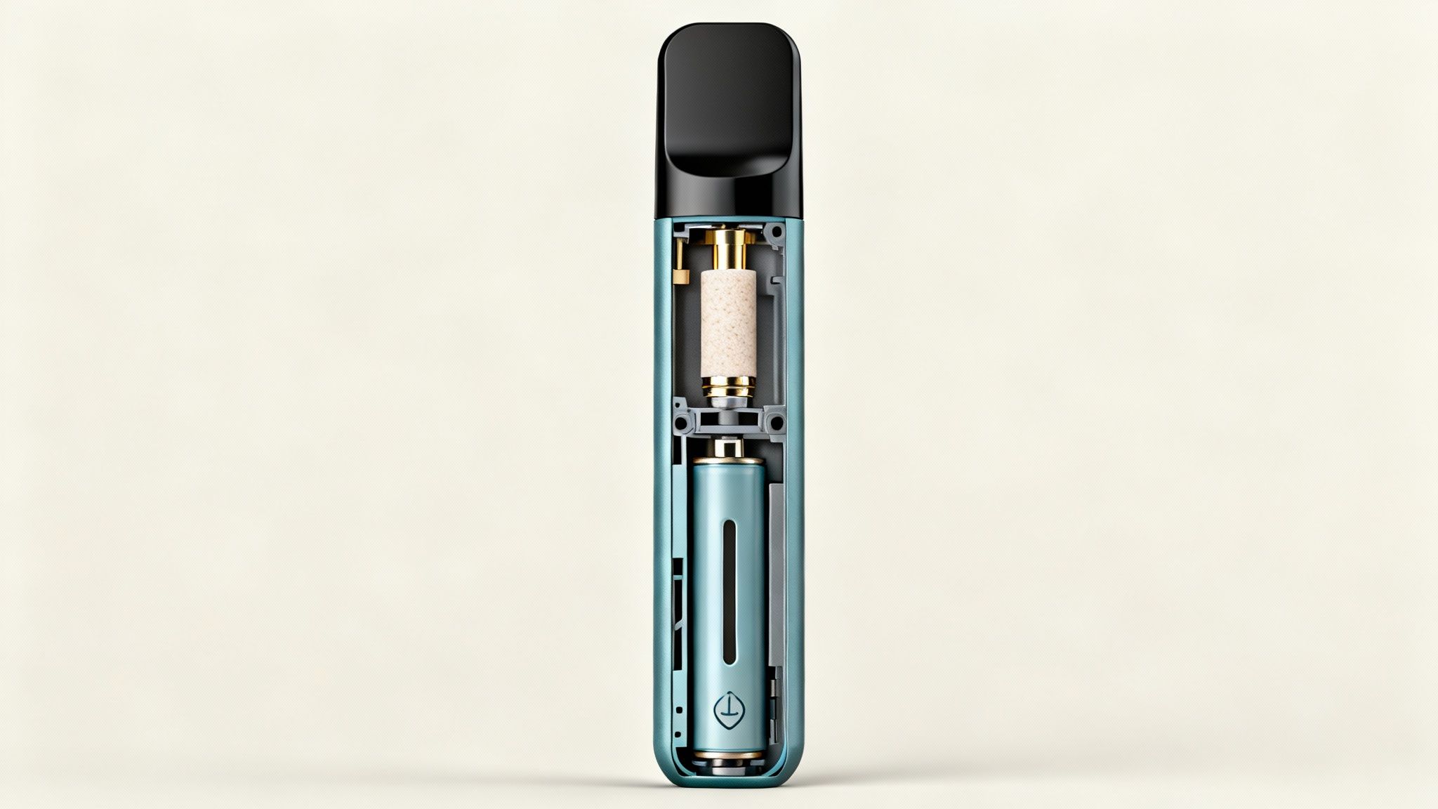 A detailed cross-section of a teal Vuse Go 5000 vape, revealing its internal battery, pod, and mouthpiece.