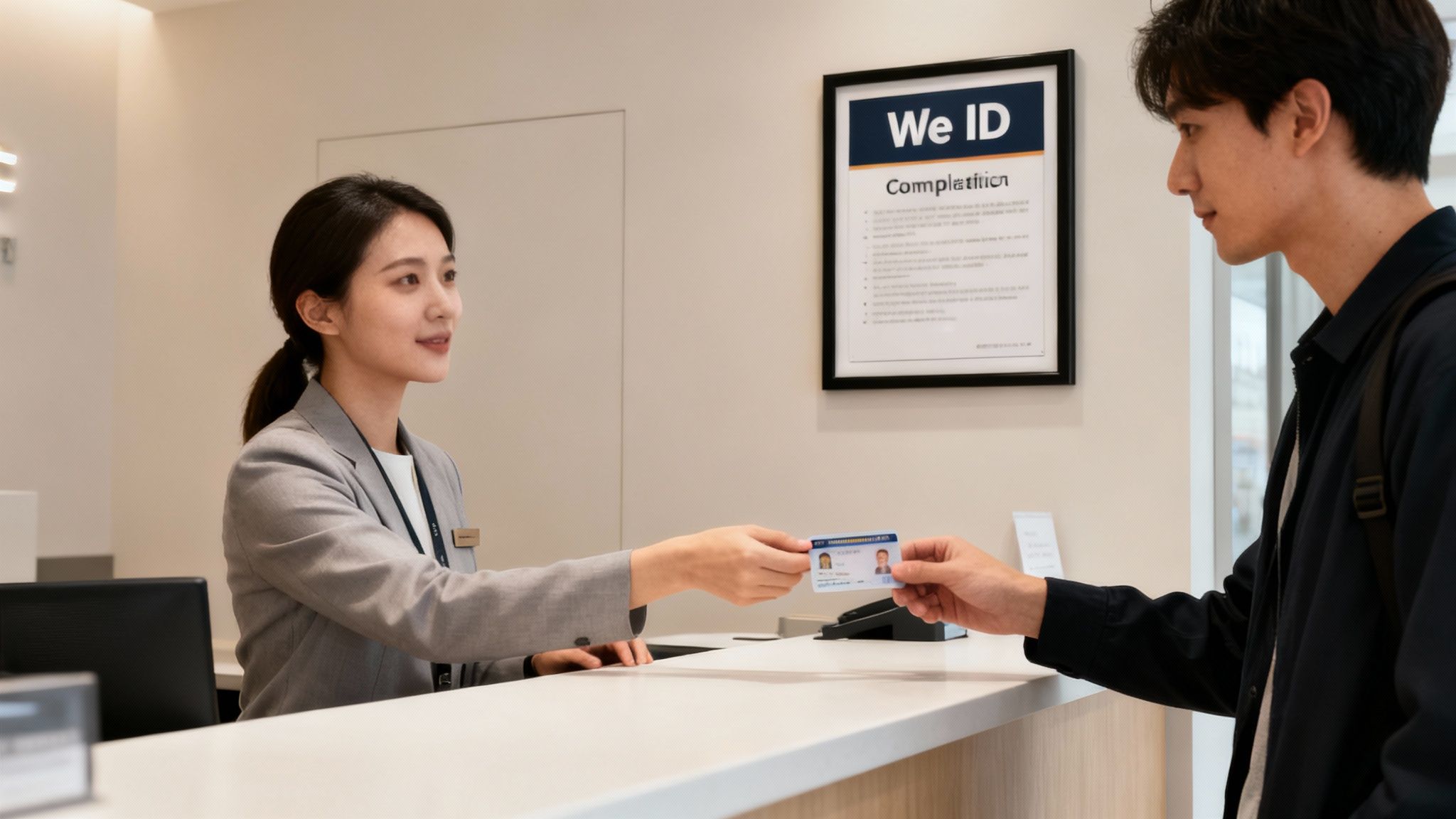 A female receptionist hands an identification card to a male customer at a counter.