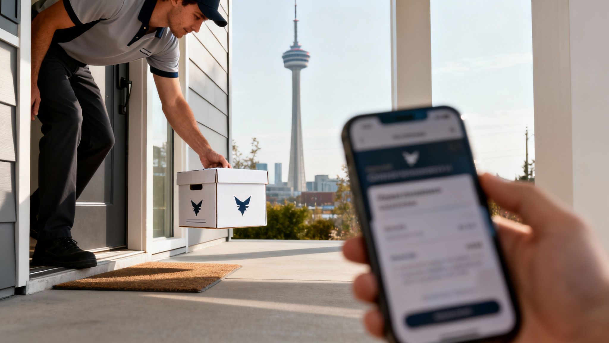 Delivery driver places a White Fox package at a home, as a hand tracks on a smartphone.