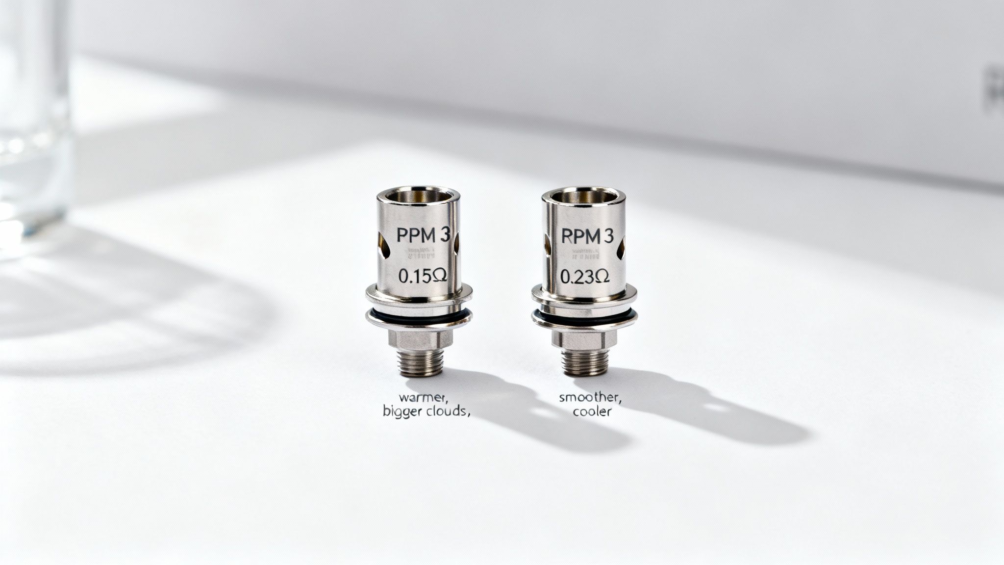 Two RPM 3 vape coils with different resistances, 0.15Ω and 0.23Ω, on a white background.
