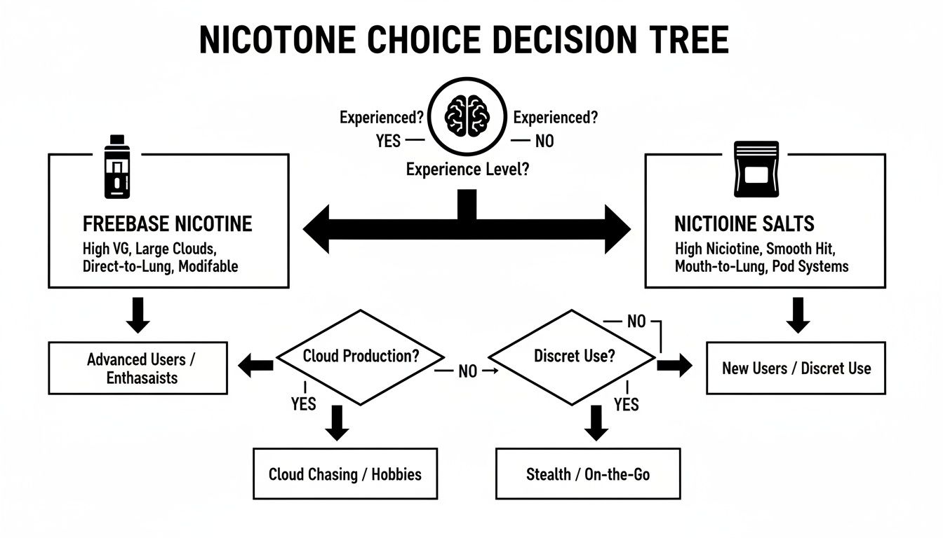 A decision tree flowchart guides users through nicotine choice options based on experience level and preferences.